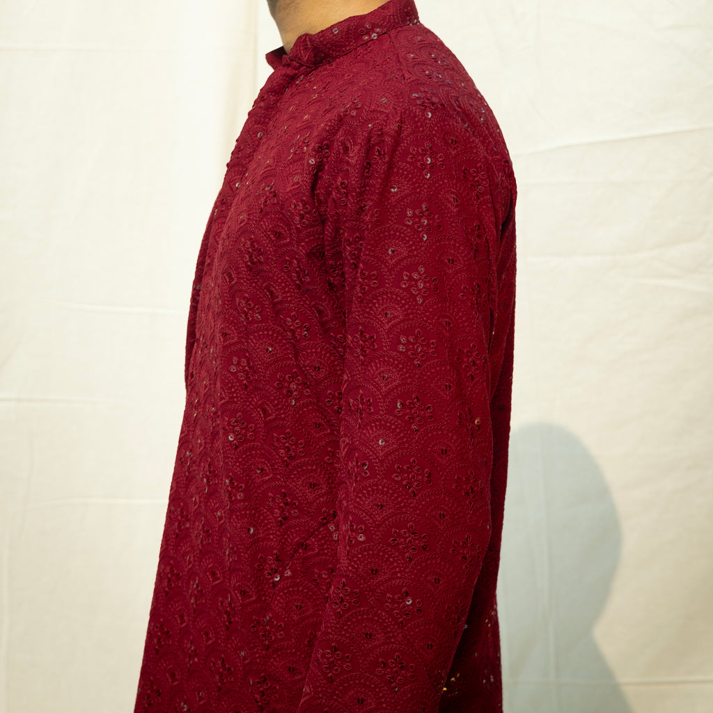 Red Viscose Embroidered and Sequence Kurta