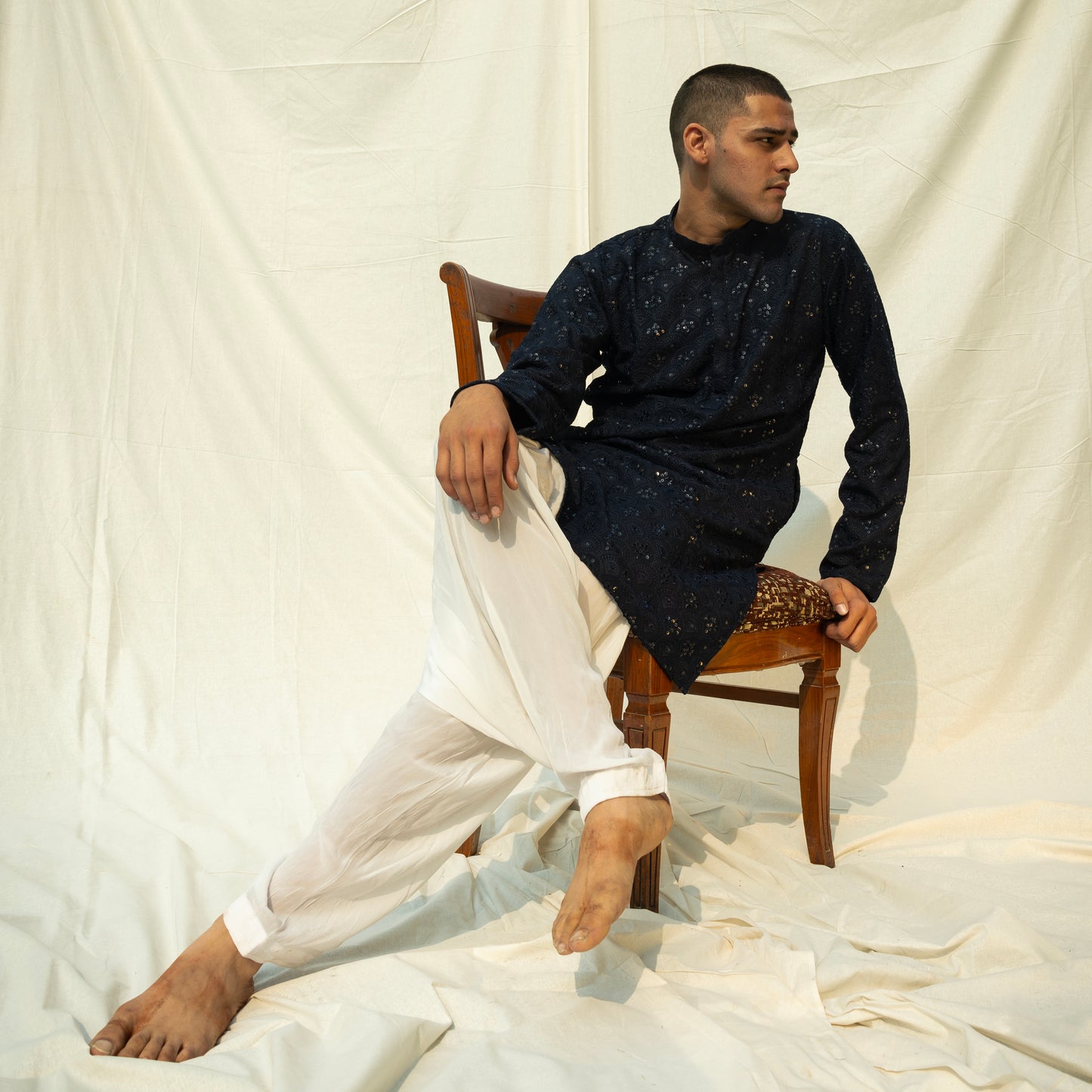 Men's Navy Blue Chikankari Embroidered And Sequence Kurta