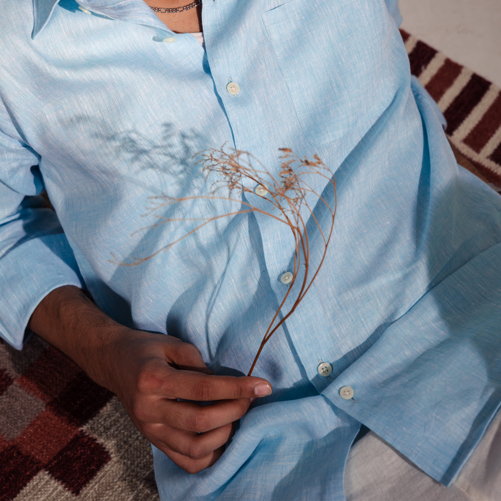 100% Pure Linen Shirt ( Anemone Blue )- Premium Breathable Comfort