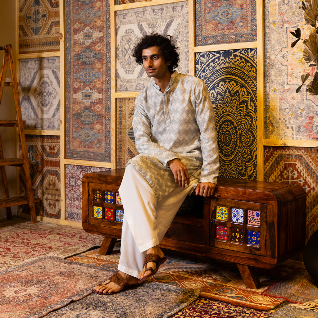 Silver-Grey Geometric Print Kurta