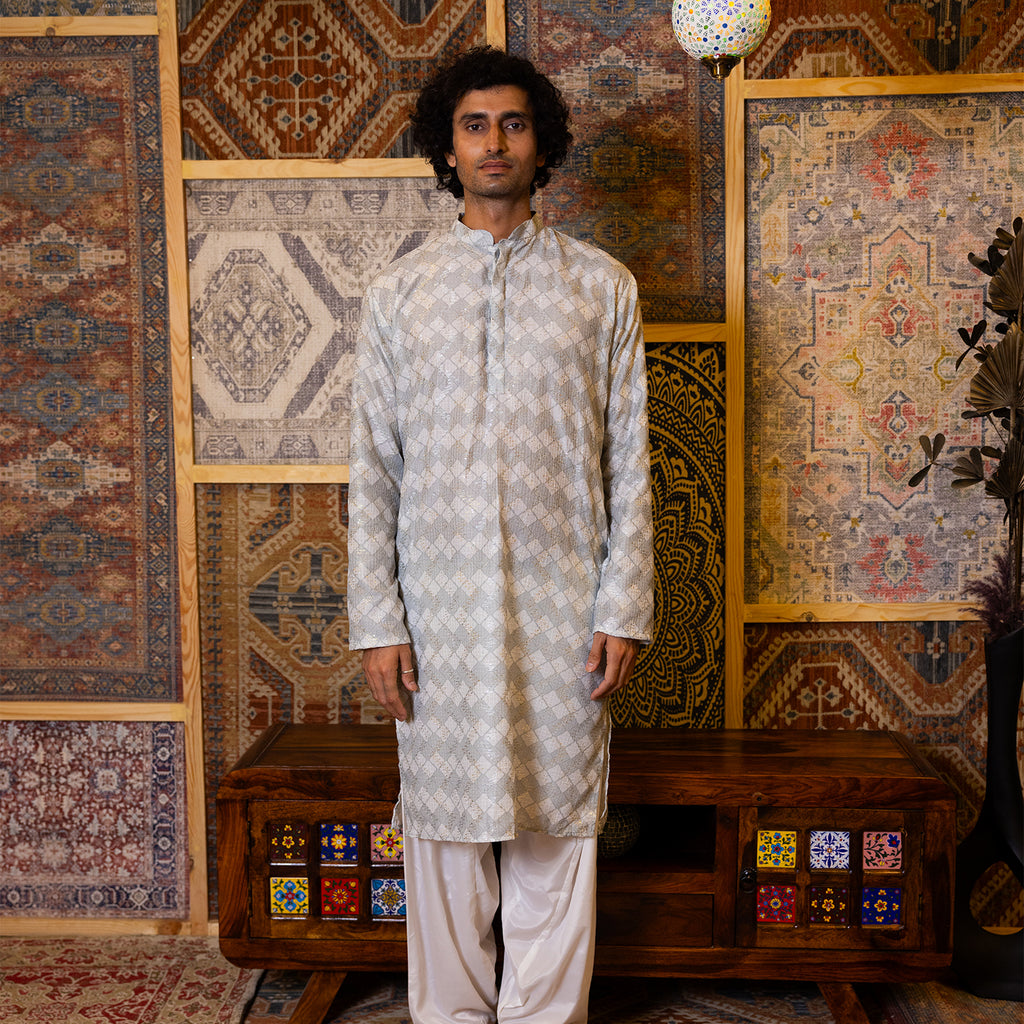 Silver-Grey Geometric Print Kurta