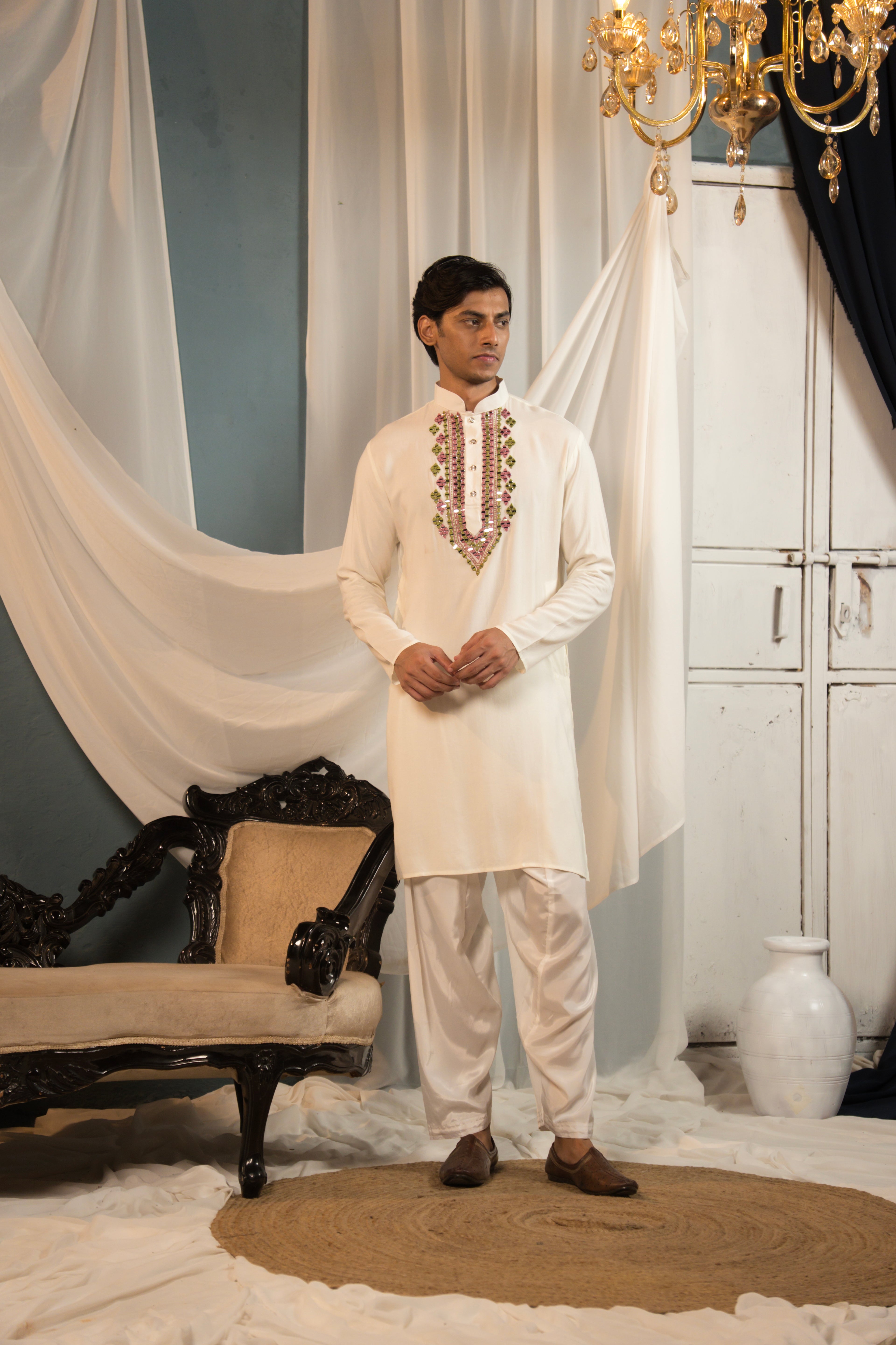 White Mirror-Work Kurta Set