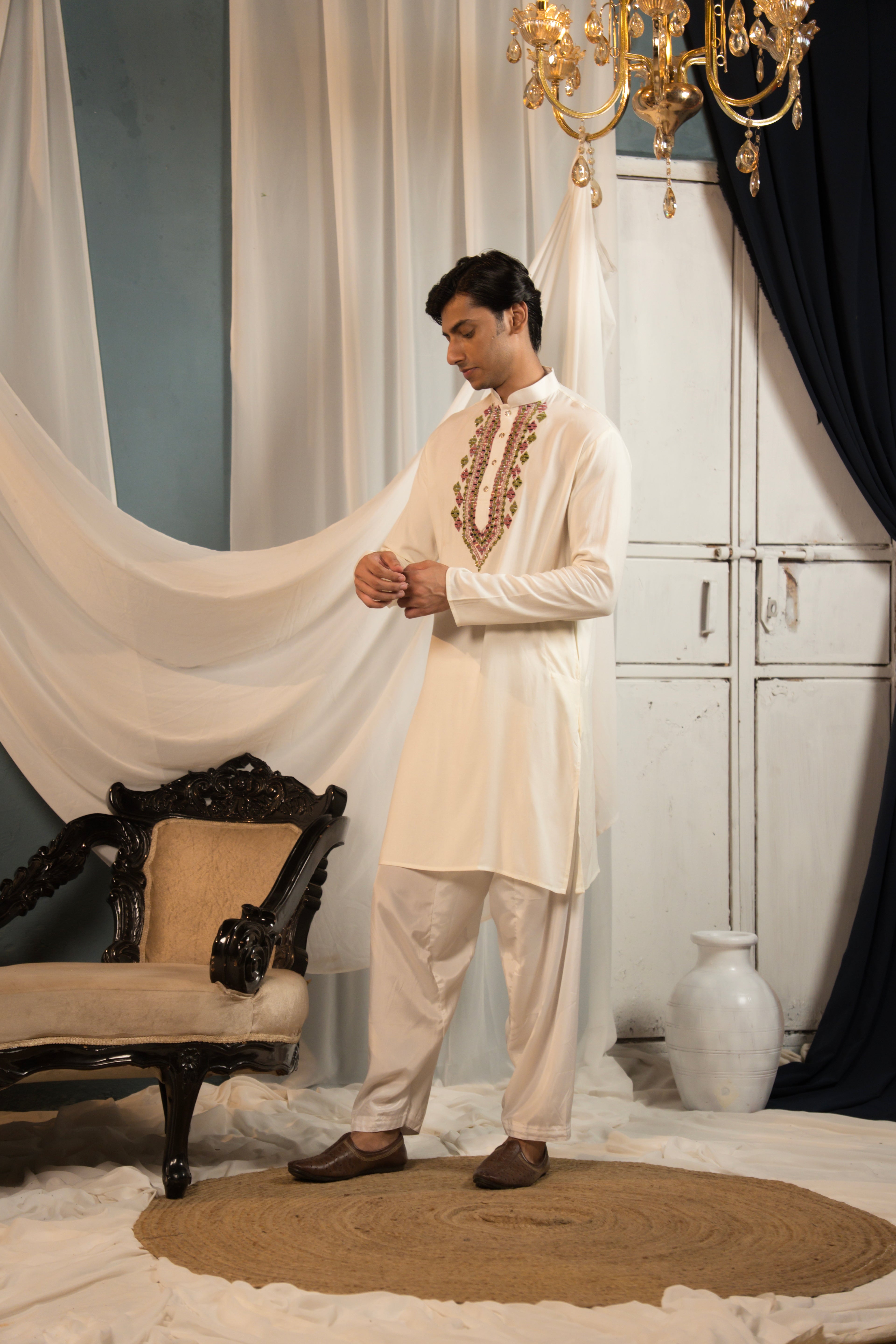 White Mirror-Work Kurta Set