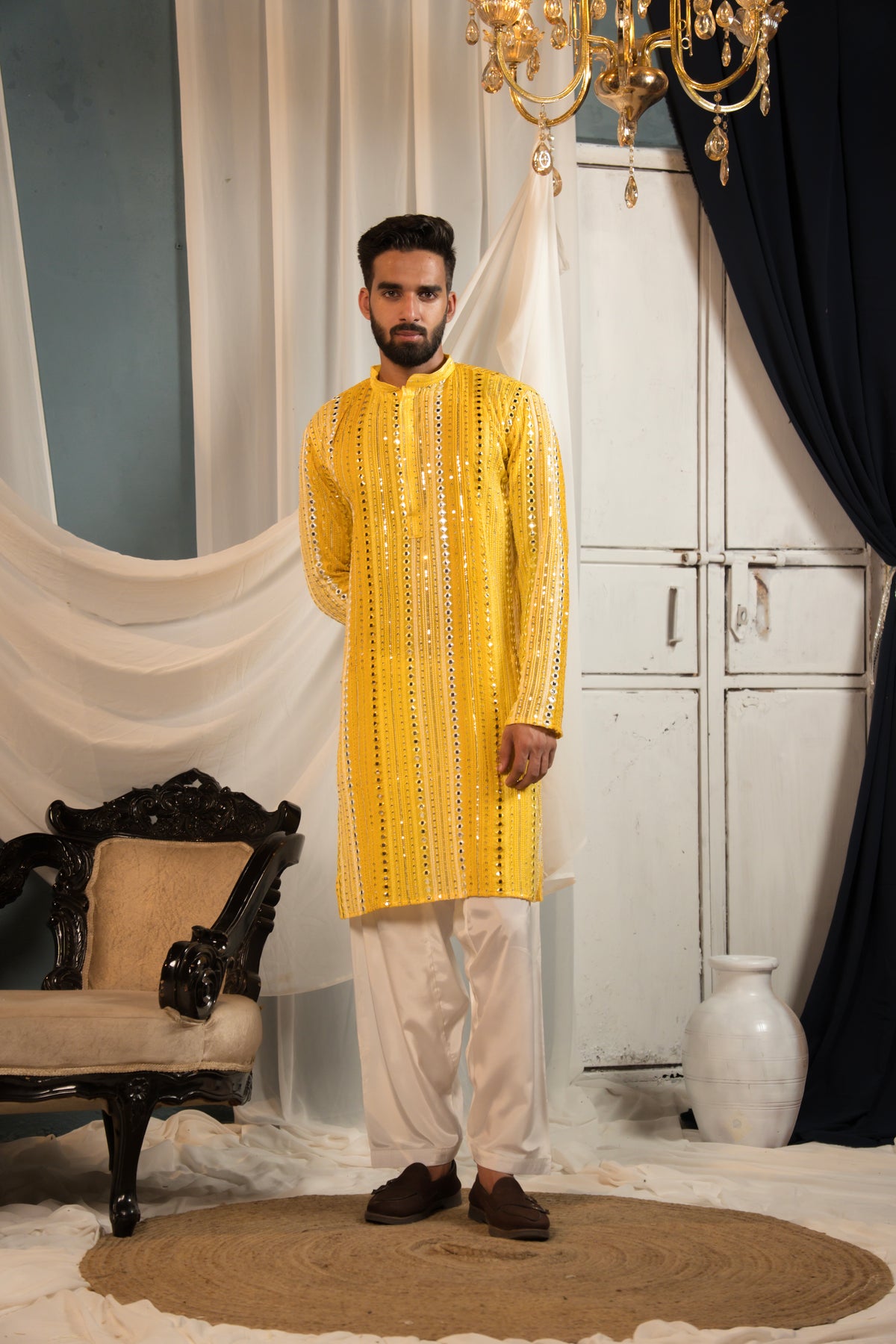Sunlit Yellow Mirror Work Georgette Kurta