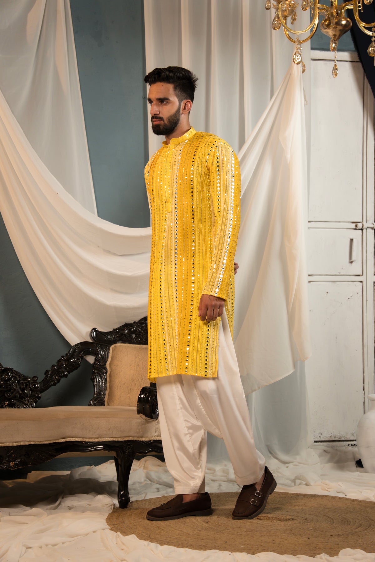 Sunlit Yellow Mirror Work Georgette Kurta
