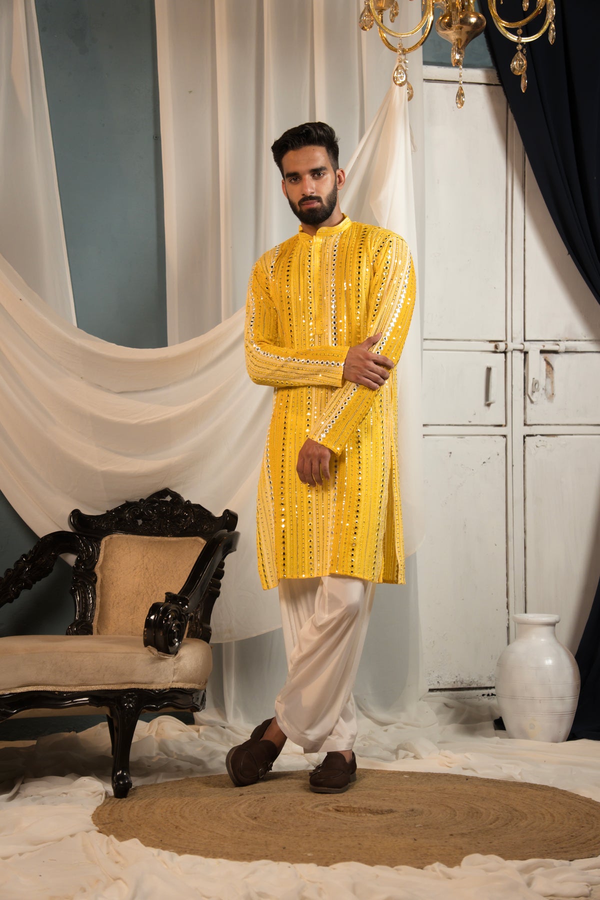 Sunlit Yellow Mirror Work Georgette Kurta