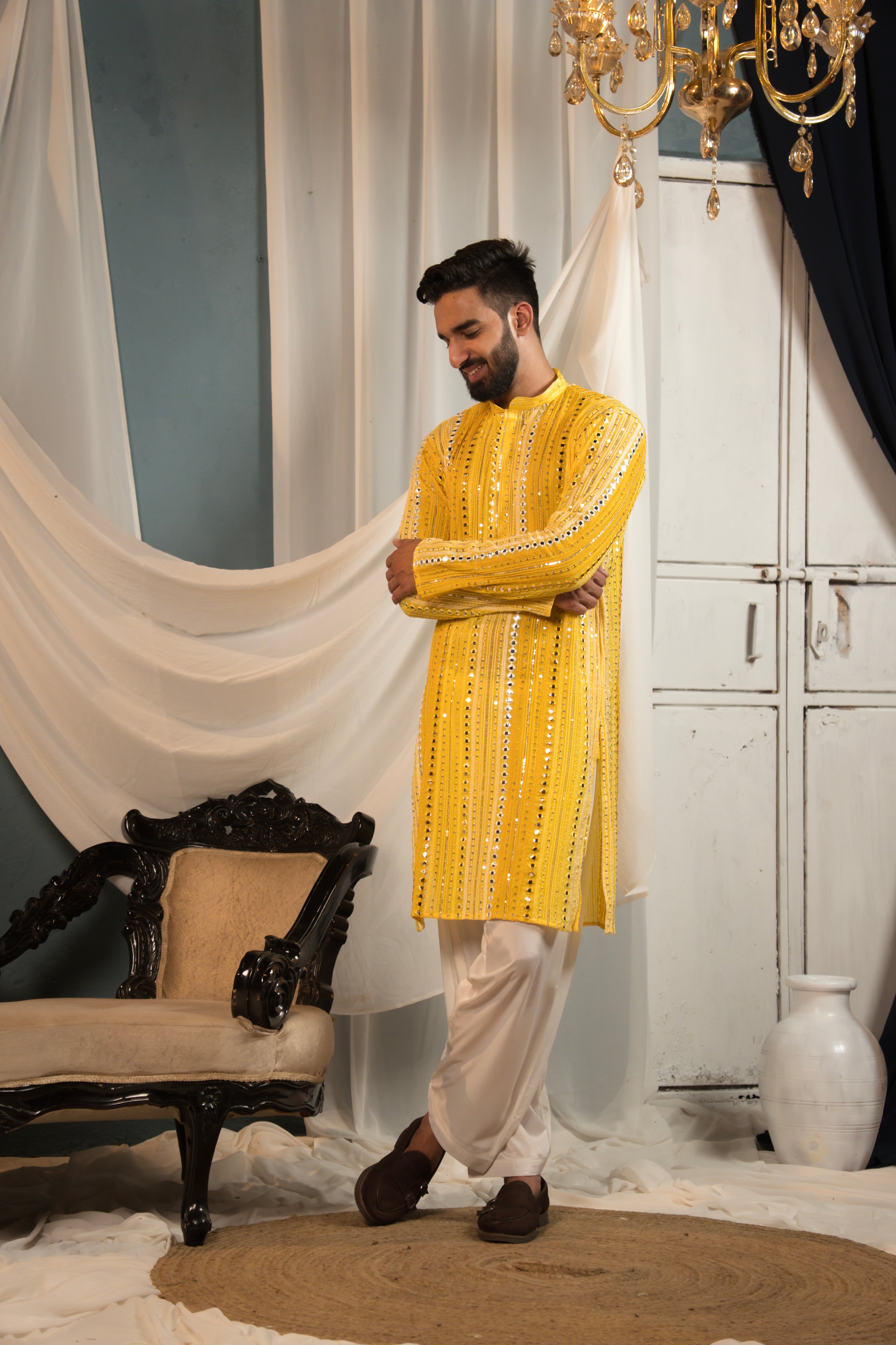 Sunlit Yellow Mirror Work Georgette Kurta