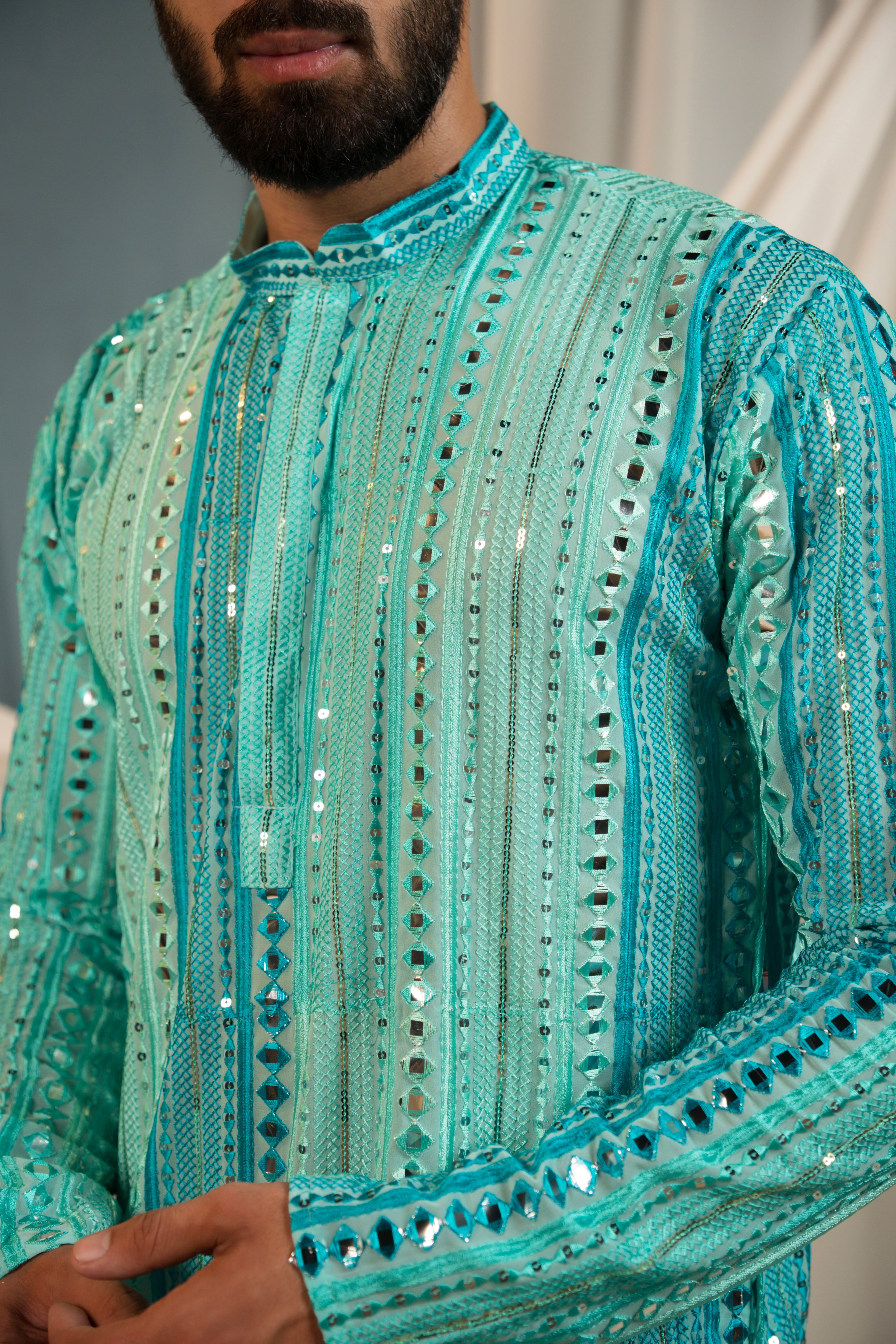 Aqua Teal Mirror Work Georgette Kurta