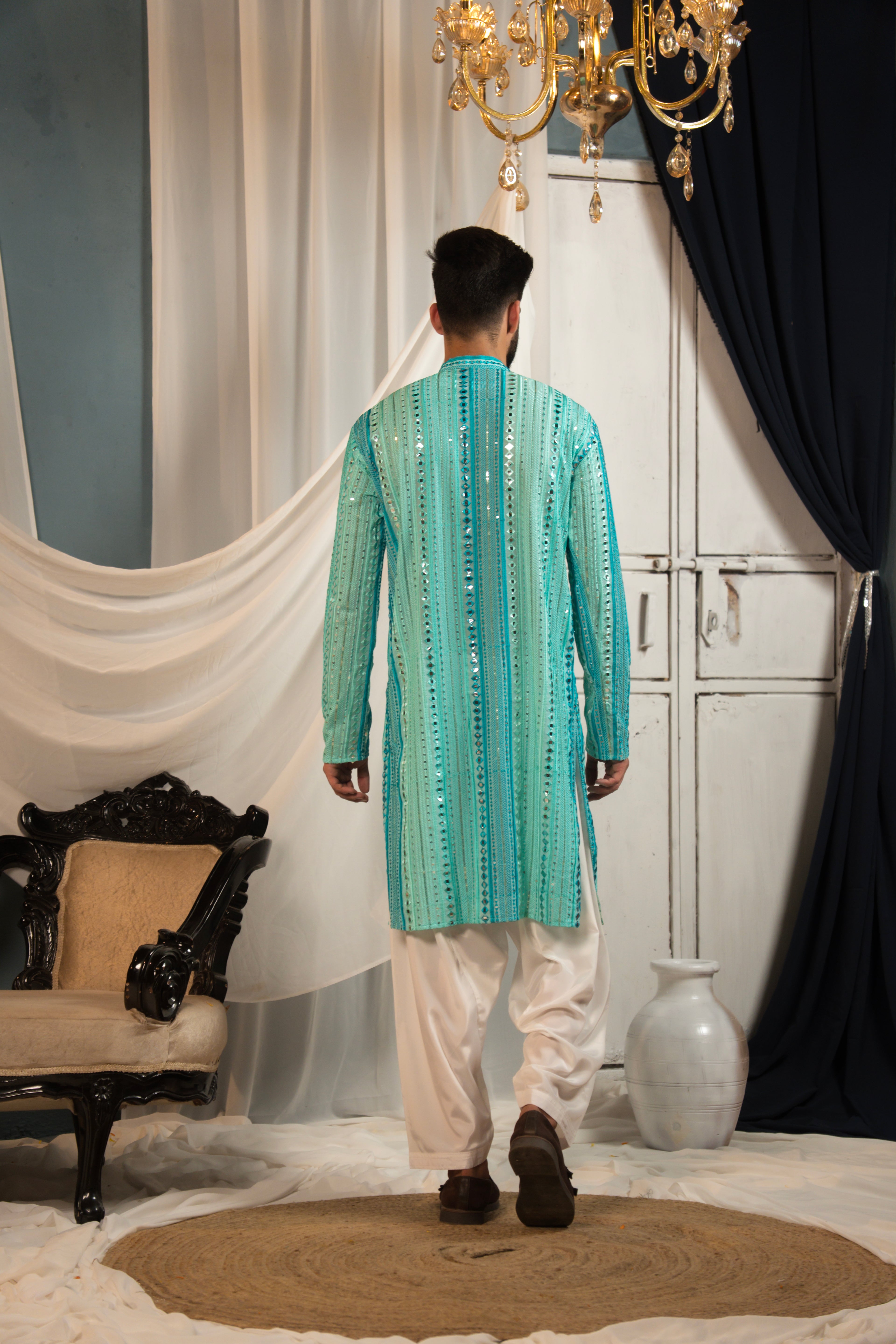 Aqua Teal Mirror Work Georgette Kurta