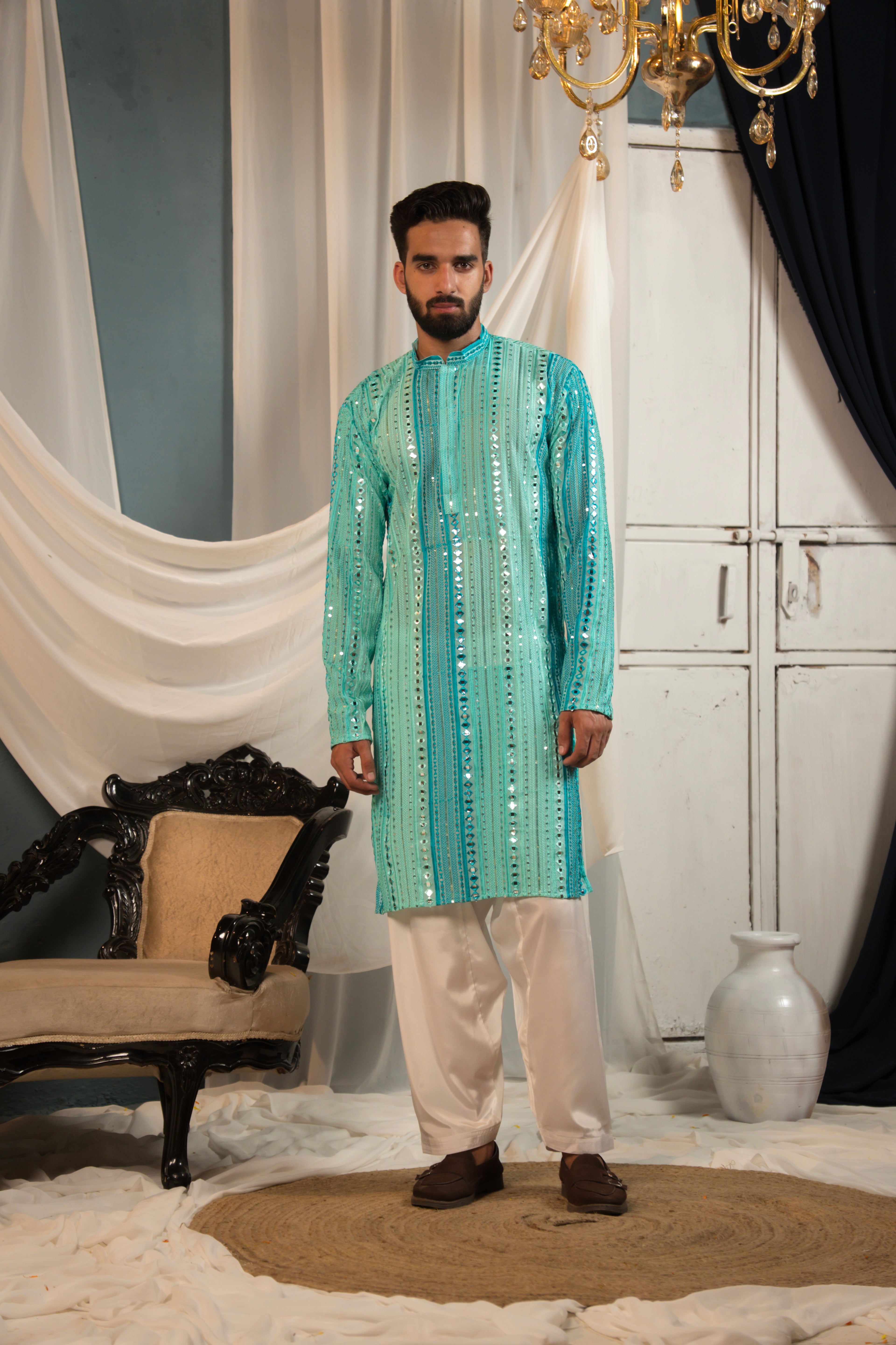 Aqua Teal Mirror Work Georgette Kurta