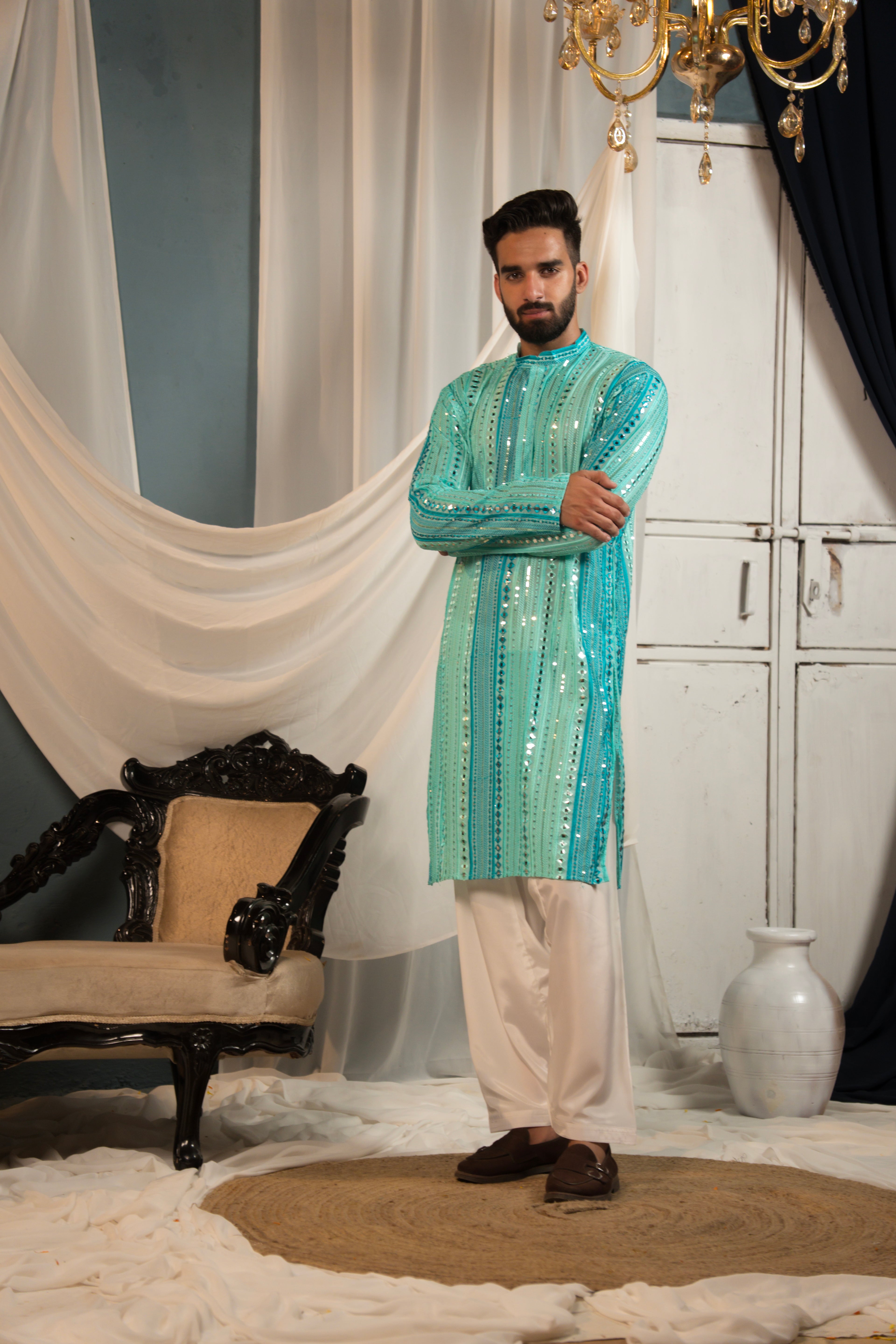 Aqua Teal Mirror Work Georgette Kurta