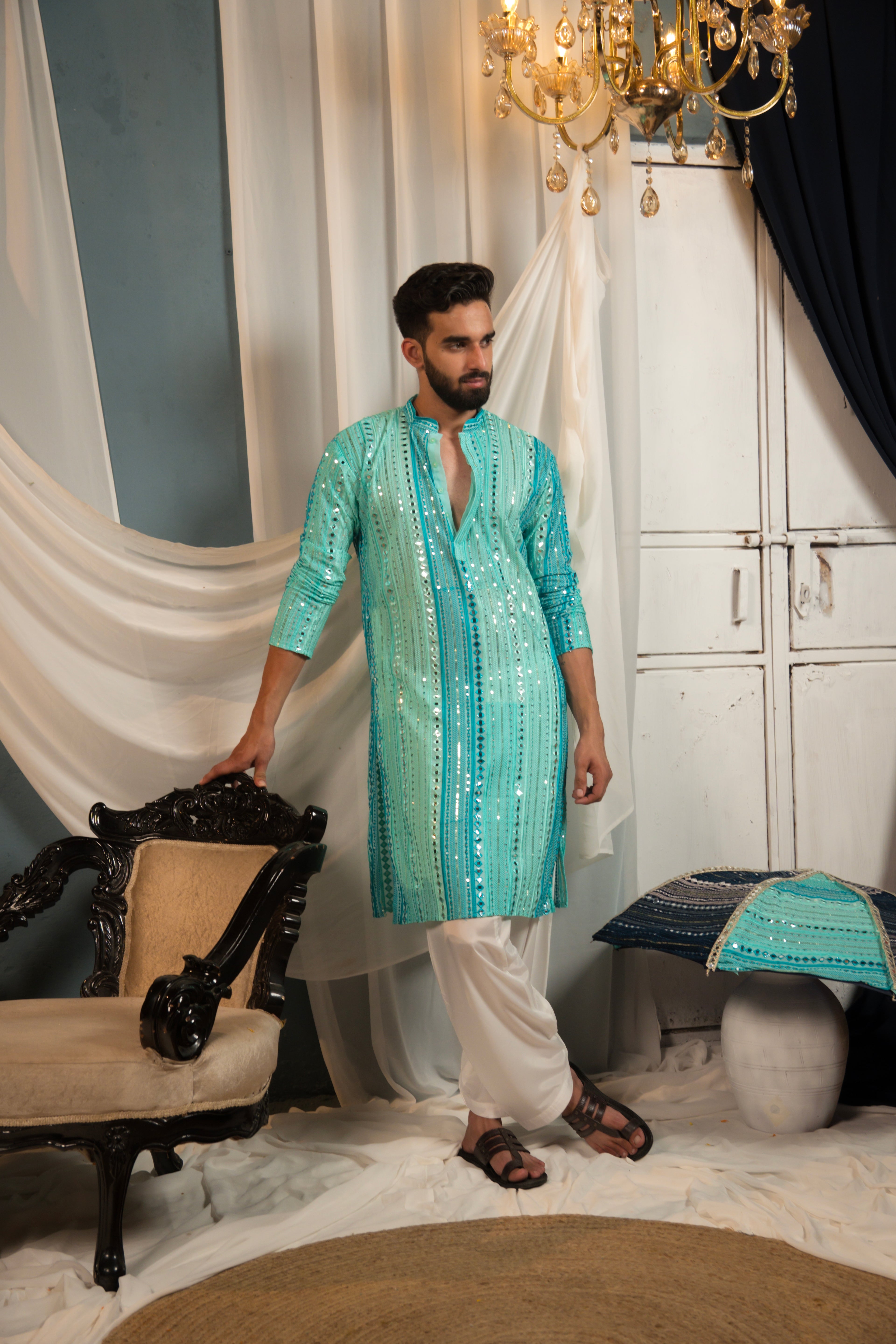 Aqua Teal Mirror Work Georgette Kurta