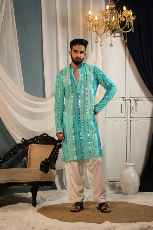 Aqua Teal Mirror Work Georgette Kurta