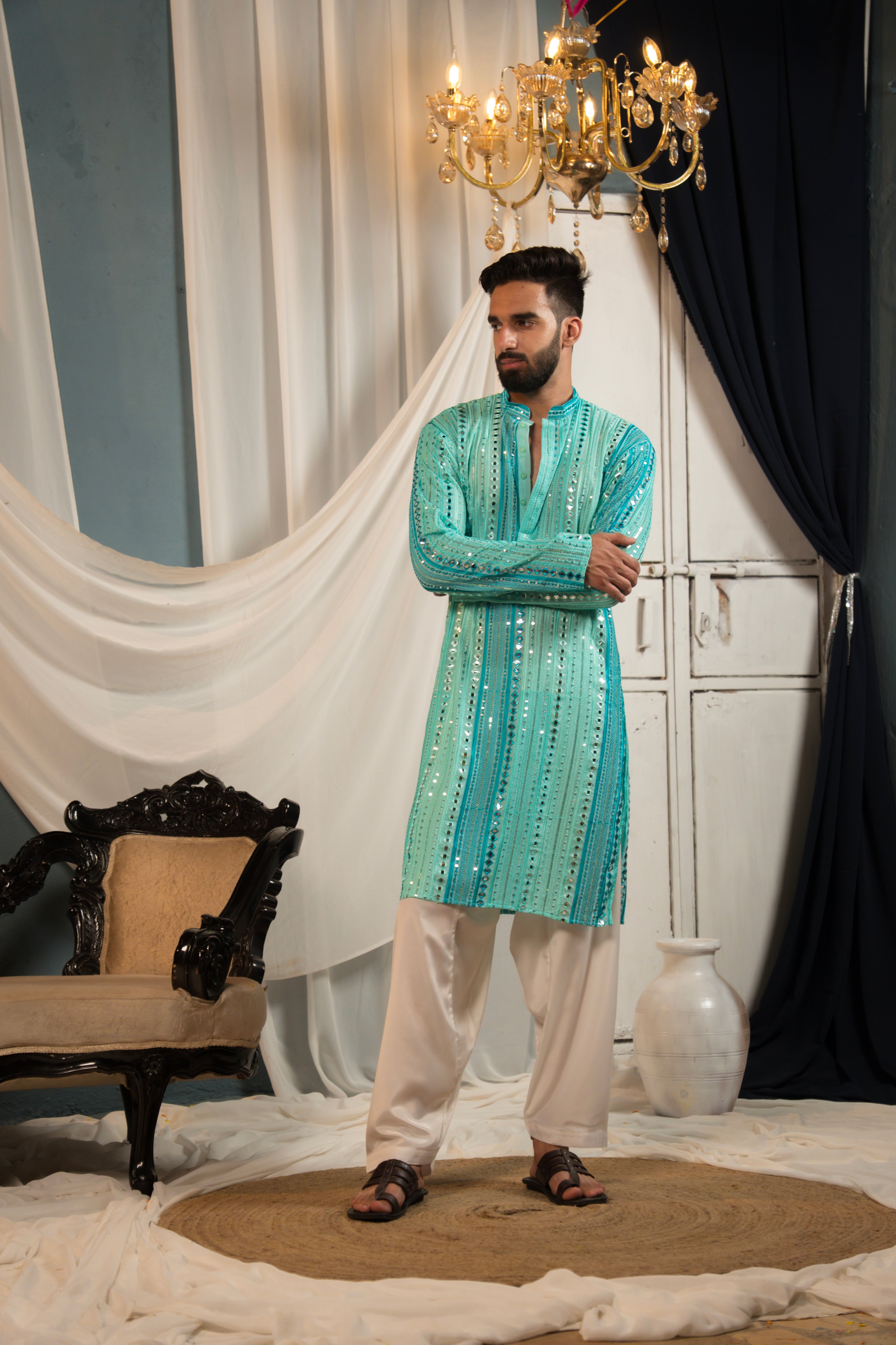 Aqua Teal Mirror Work Georgette Kurta