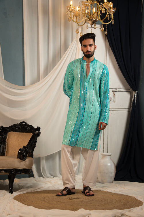 Aqua Teal Mirror Work Georgette Kurta