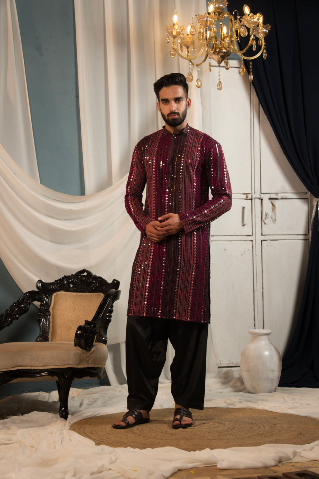 Mystic Maroon Mirror Work Georgette Kurta