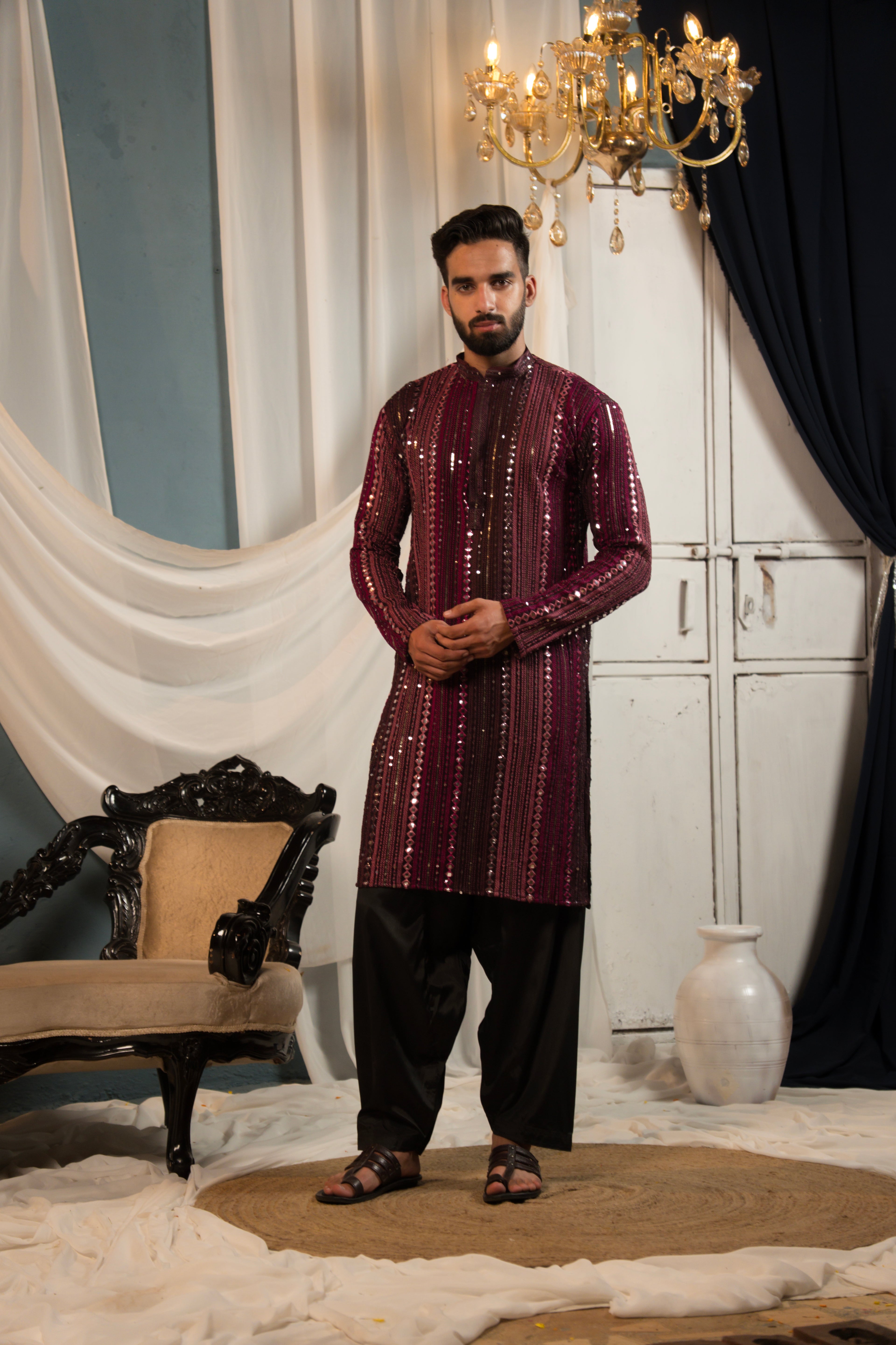 Mystic Maroon Mirror Work Georgette Kurta
