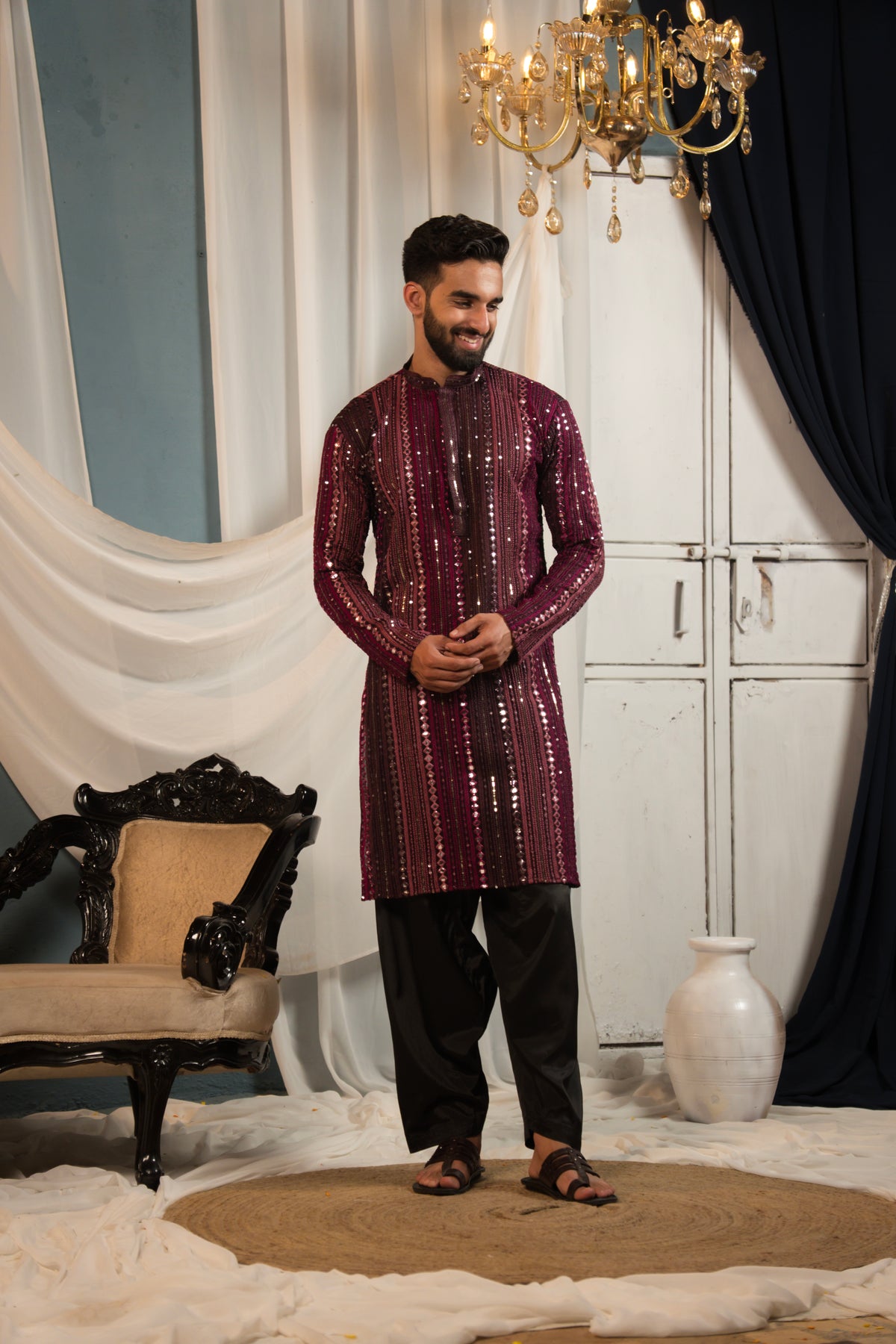 Mystic Maroon Mirror Work Georgette Kurta