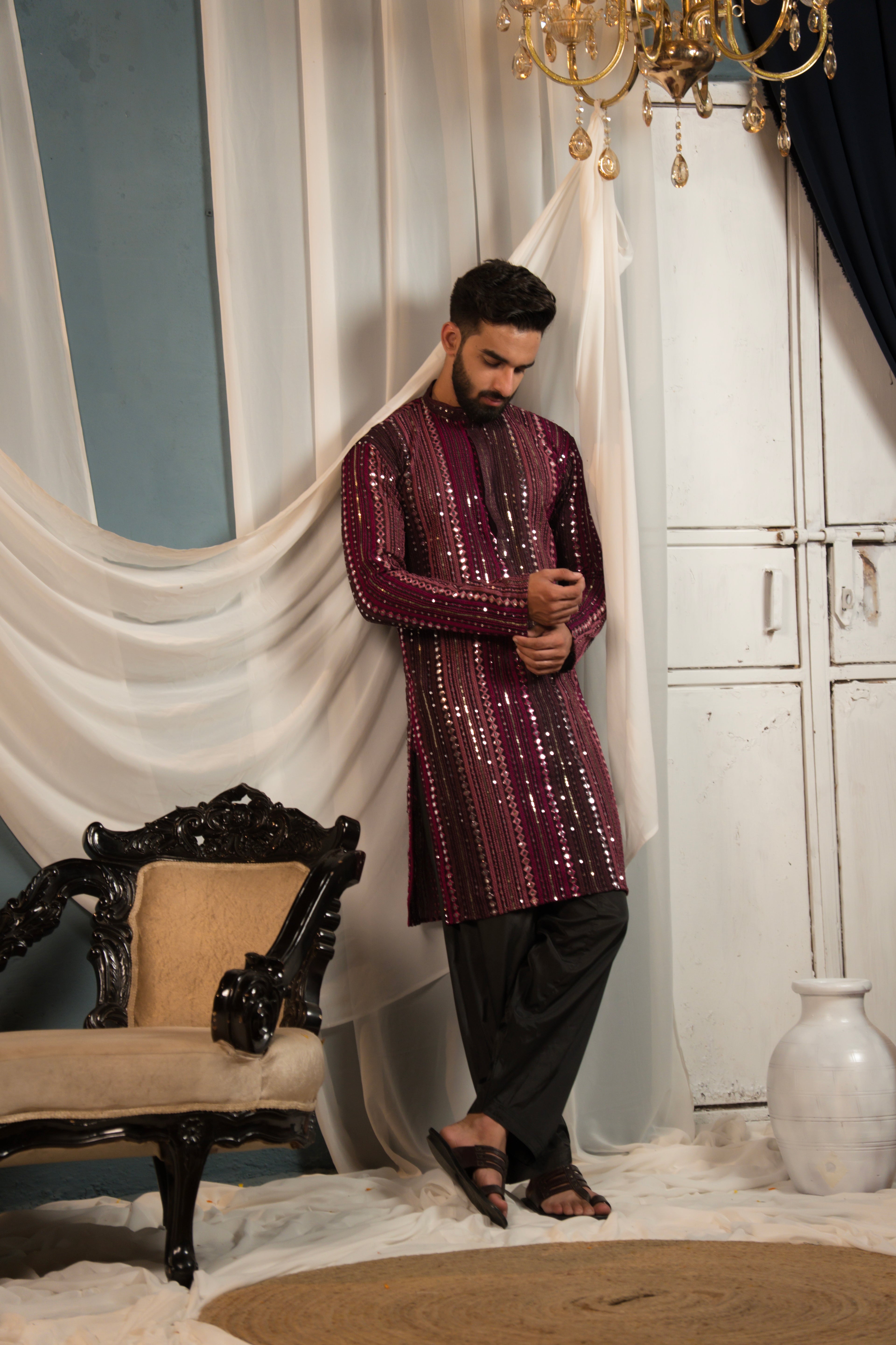 Mystic Maroon Mirror Work Georgette Kurta