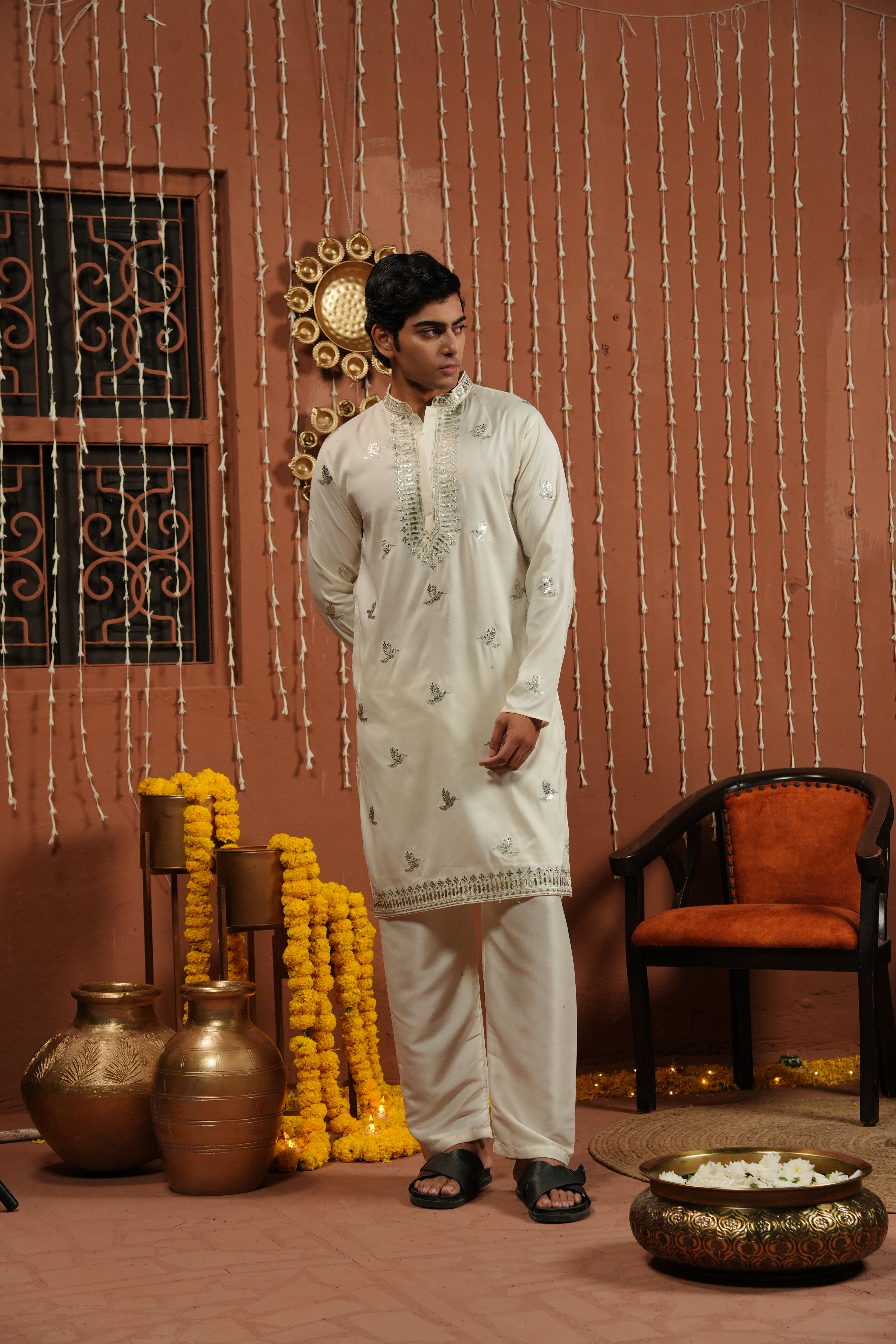 Ivory Royale — Hand-Mirror Embroidered Silk Kurta
