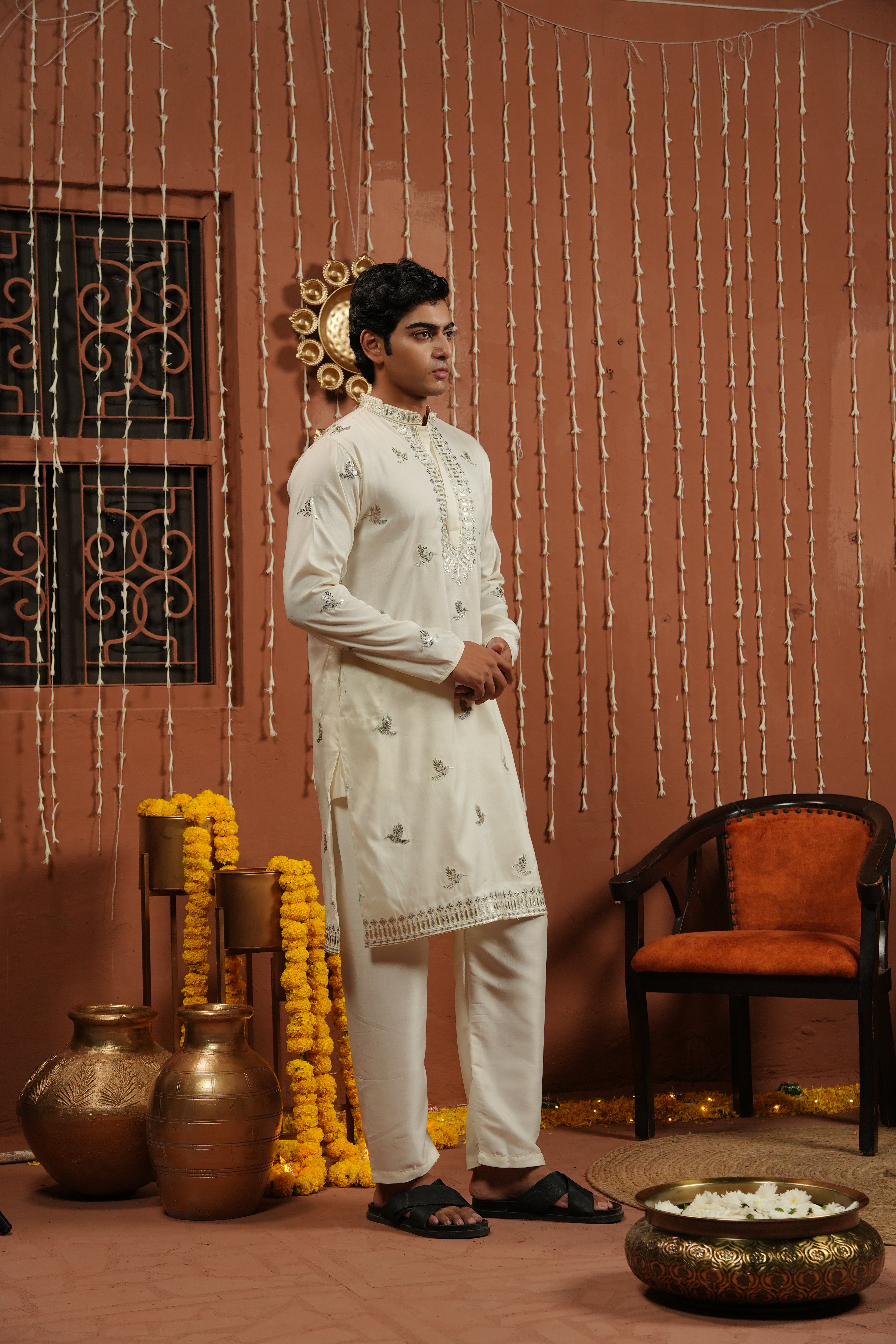 Ivory Royale — Hand-Mirror Embroidered Silk Kurta