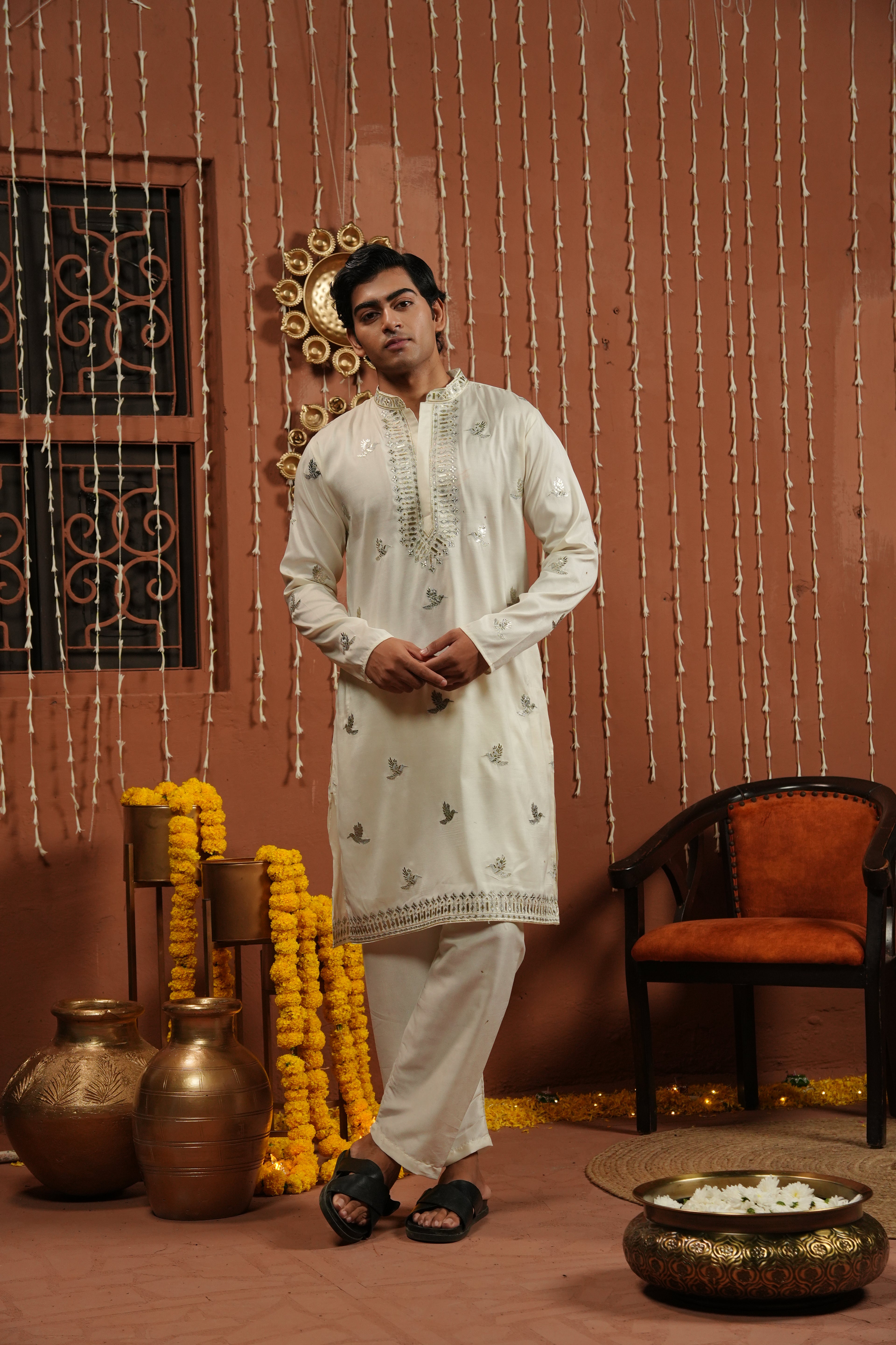 Ivory Royale — Hand-Mirror Embroidered Silk Kurta