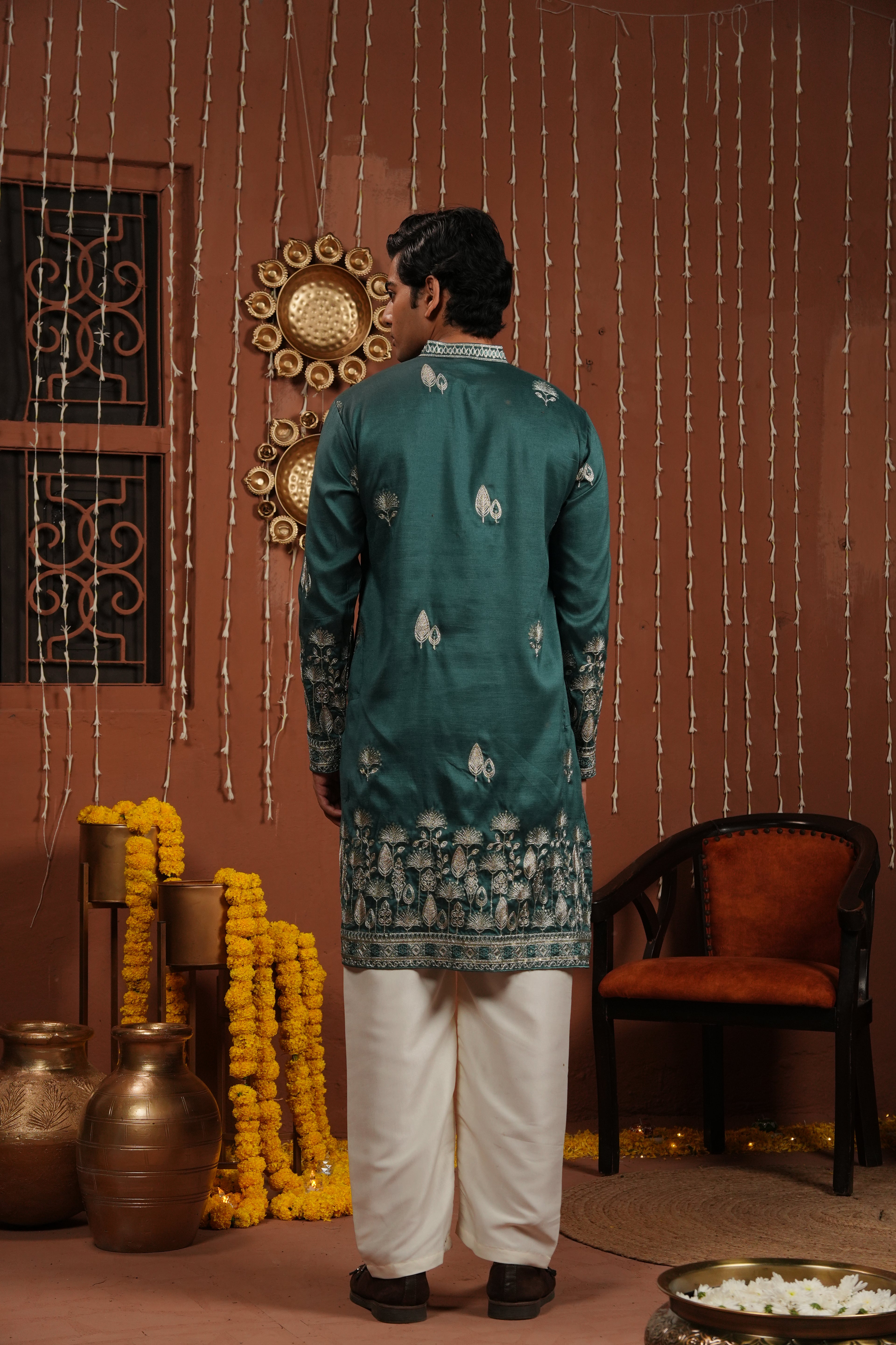 Emerald Dawn — Zari Embroidered Silk Kurta