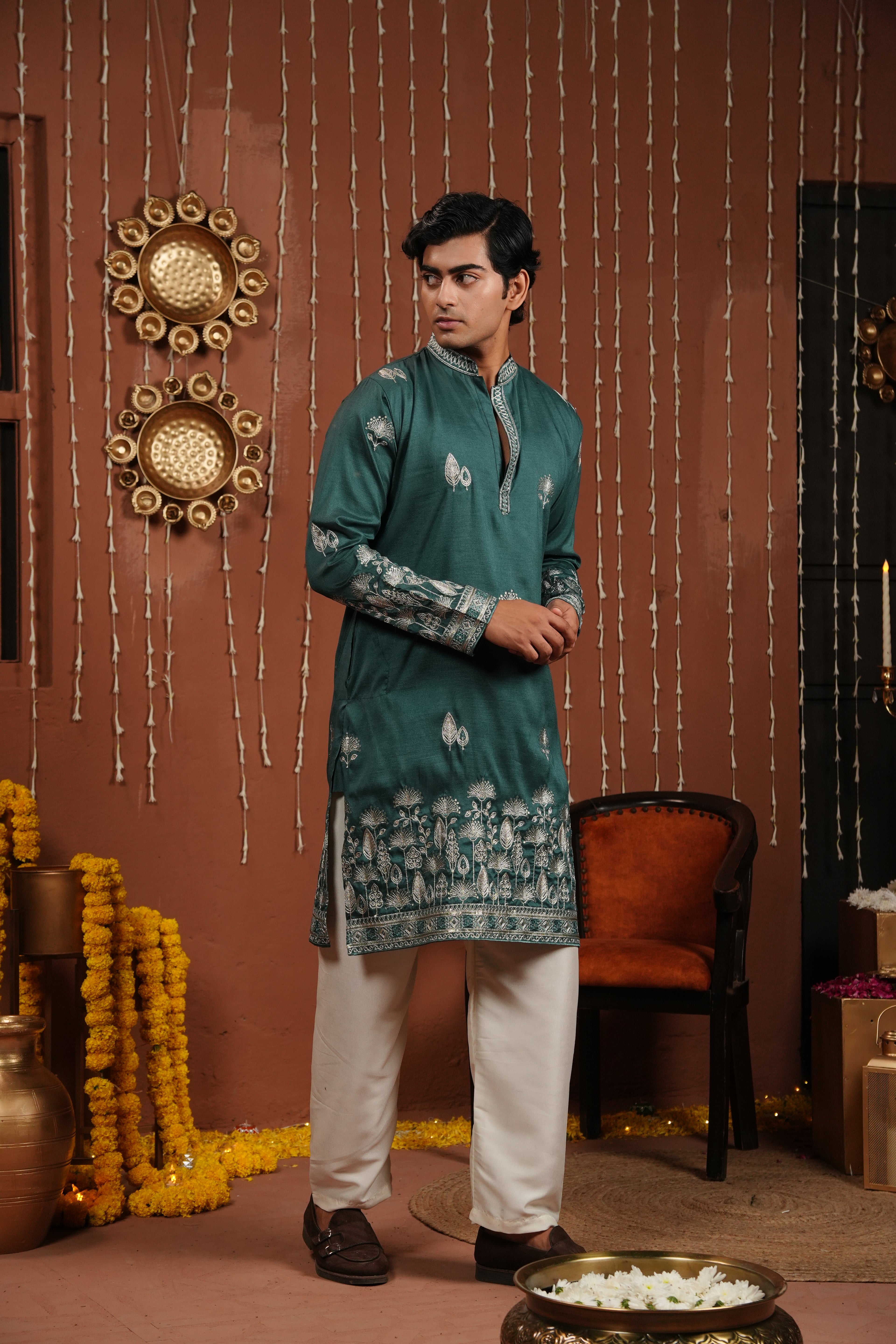 Emerald Dawn — Zari Embroidered Silk Kurta