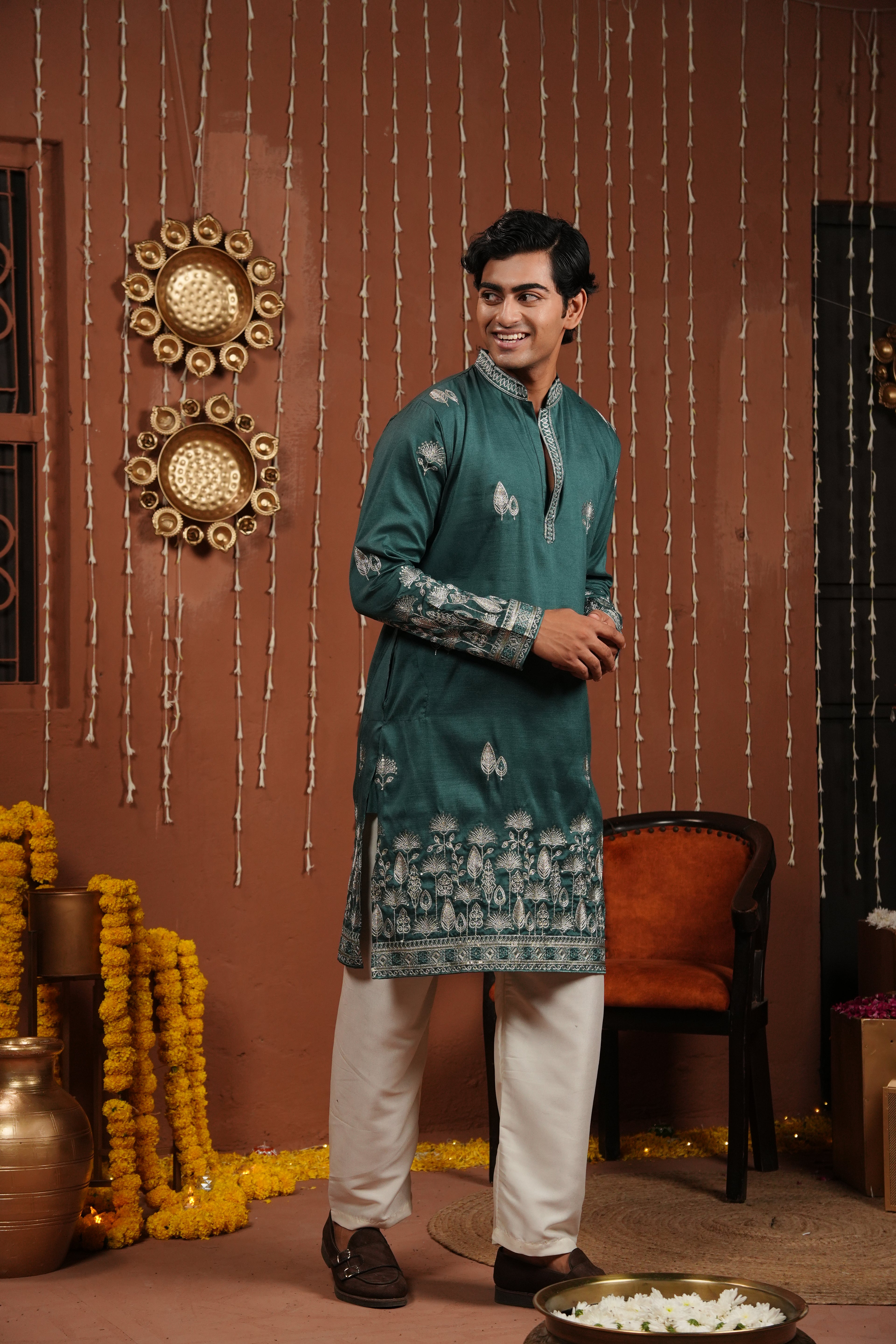 Emerald Dawn — Zari Embroidered Silk Kurta