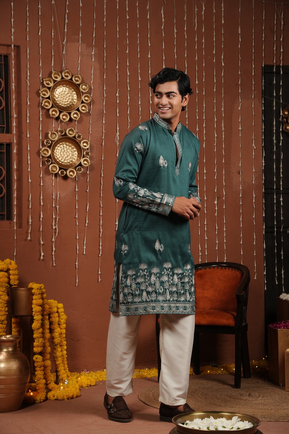 Emerald Dawn — Zari Embroidered Silk Kurta (only kurta)