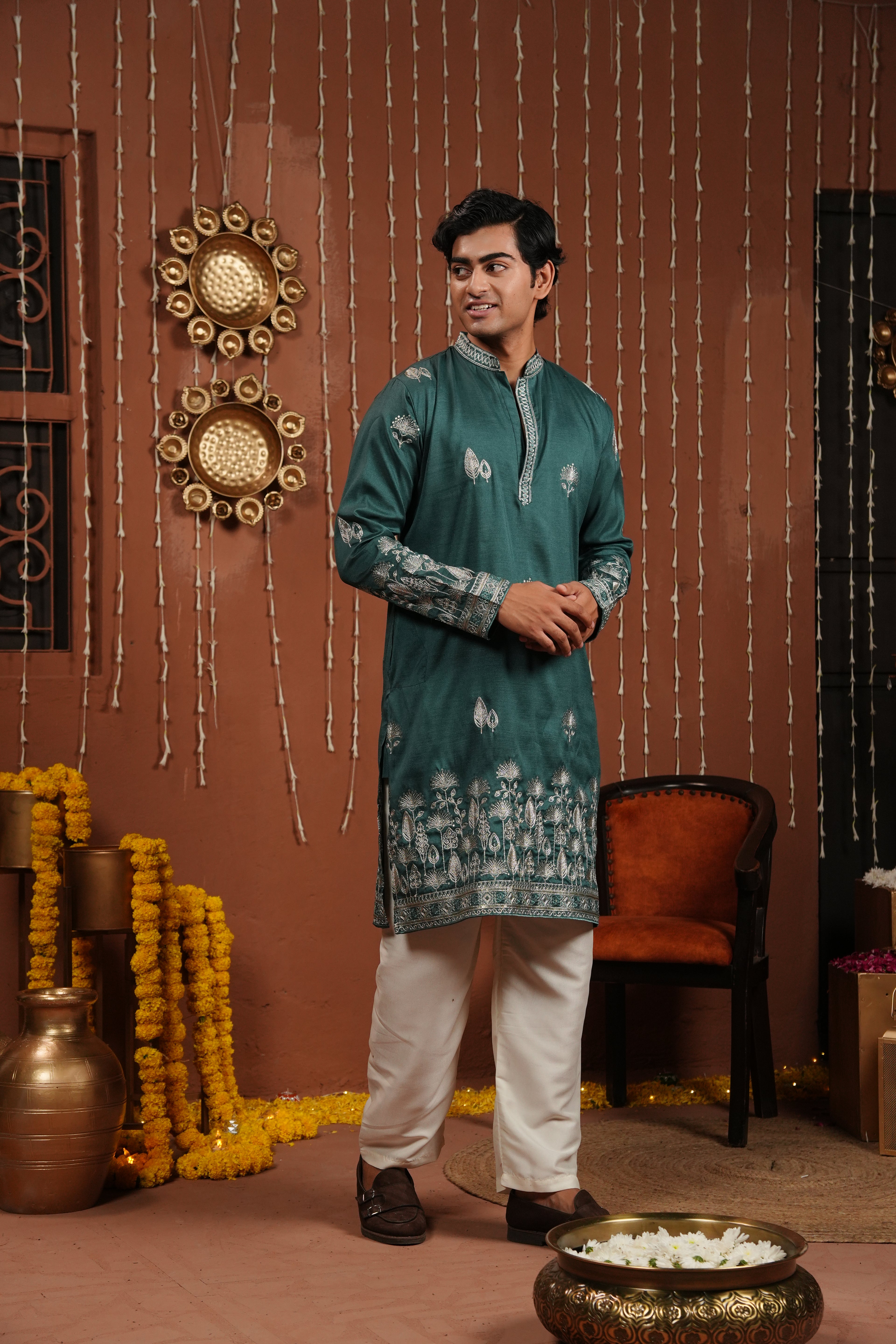 Emerald Dawn — Zari Embroidered Silk Kurta