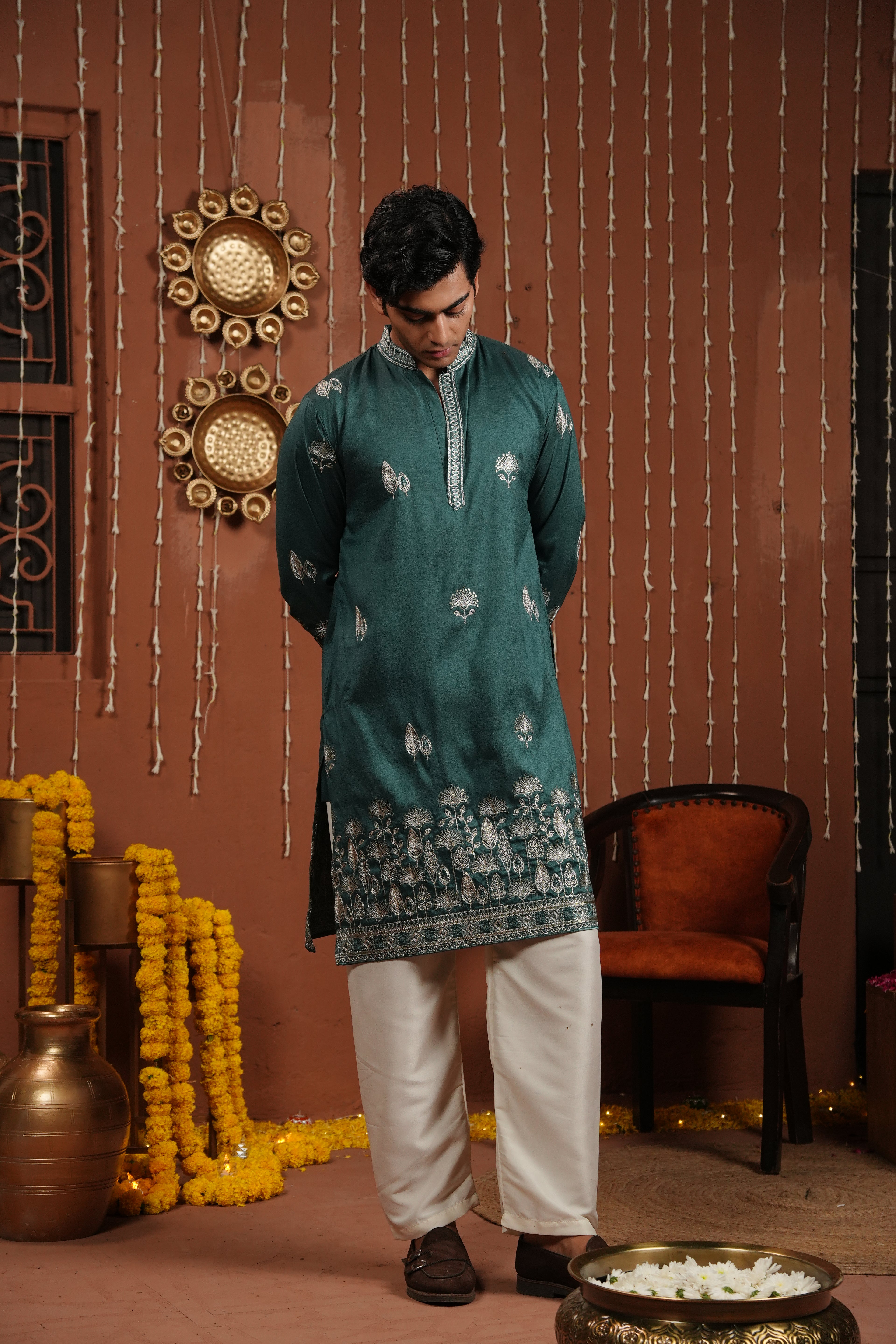 Emerald Dawn — Zari Embroidered Silk Kurta