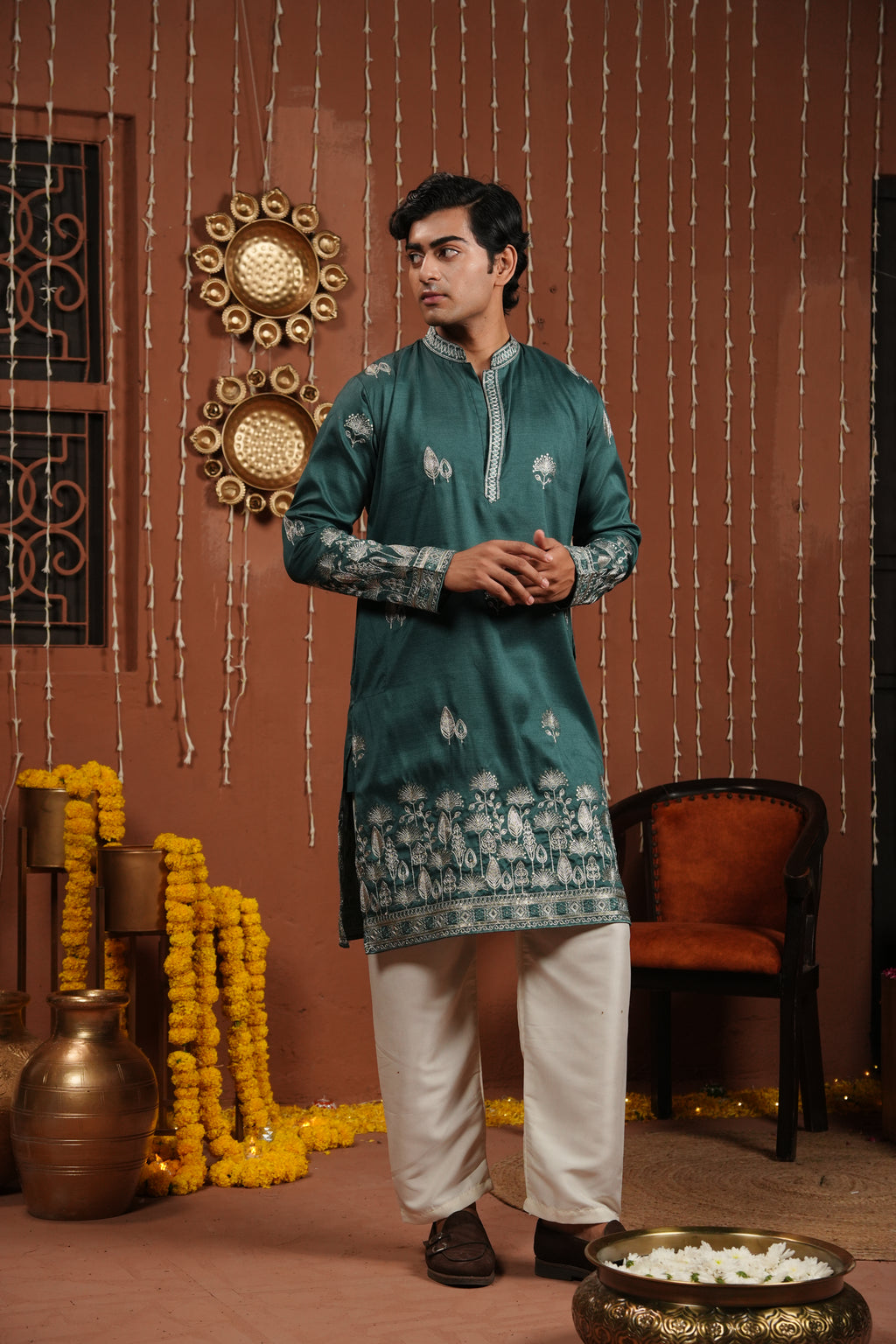 Emerald Dawn — Zari Embroidered Silk Kurta