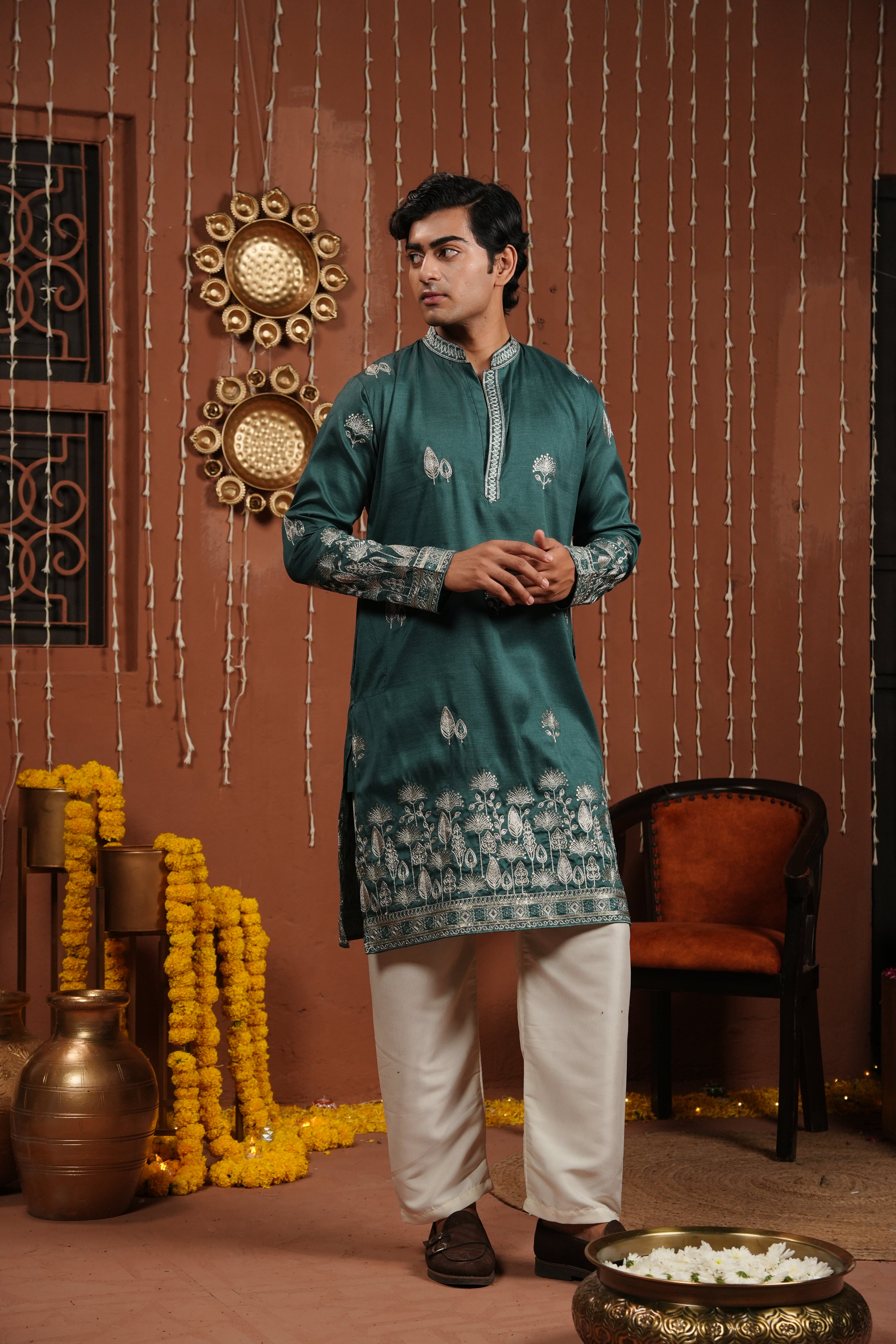 Emerald Dawn — Zari Embroidered Silk Kurta