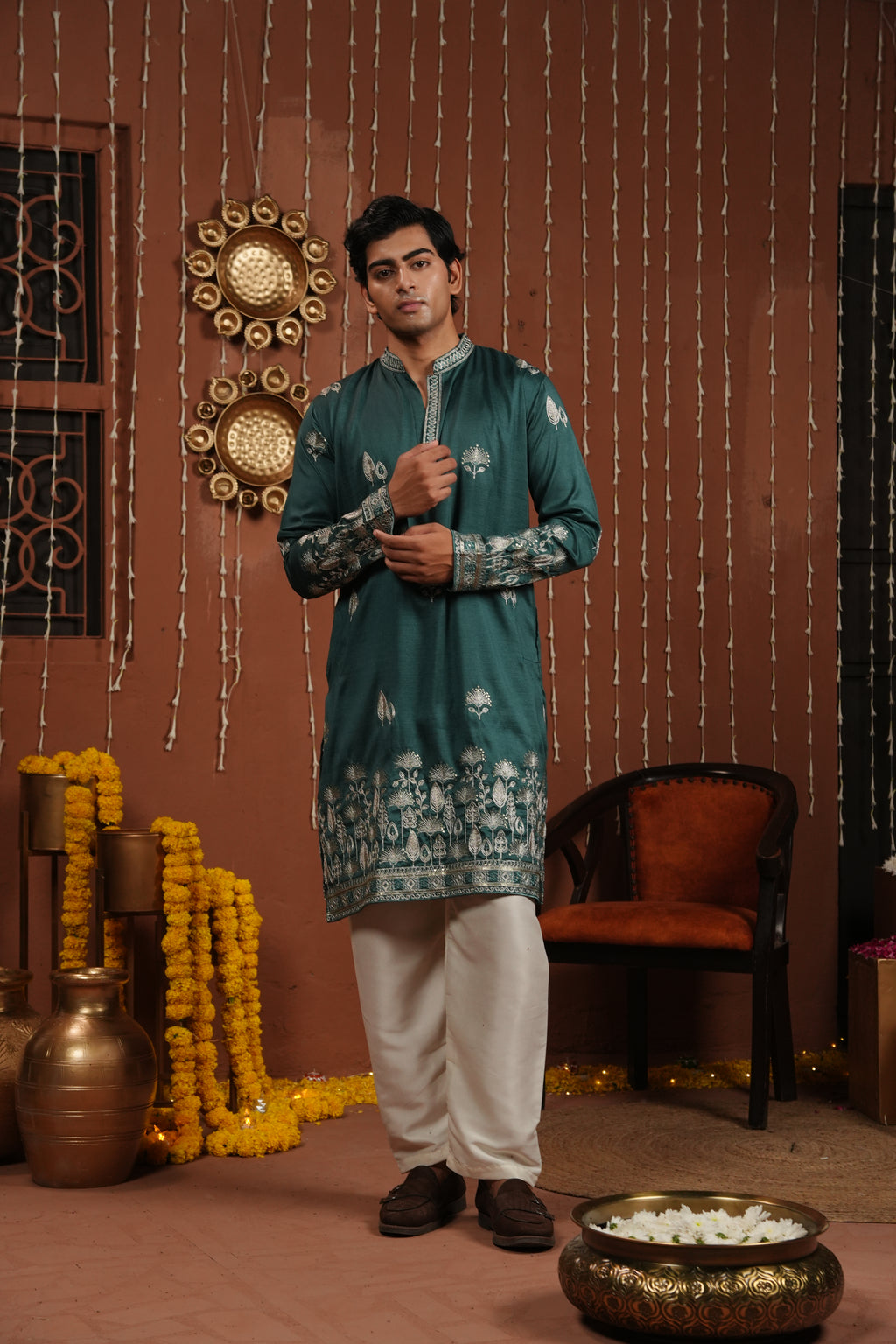 Emerald Dawn — Zari Embroidered Silk Kurta