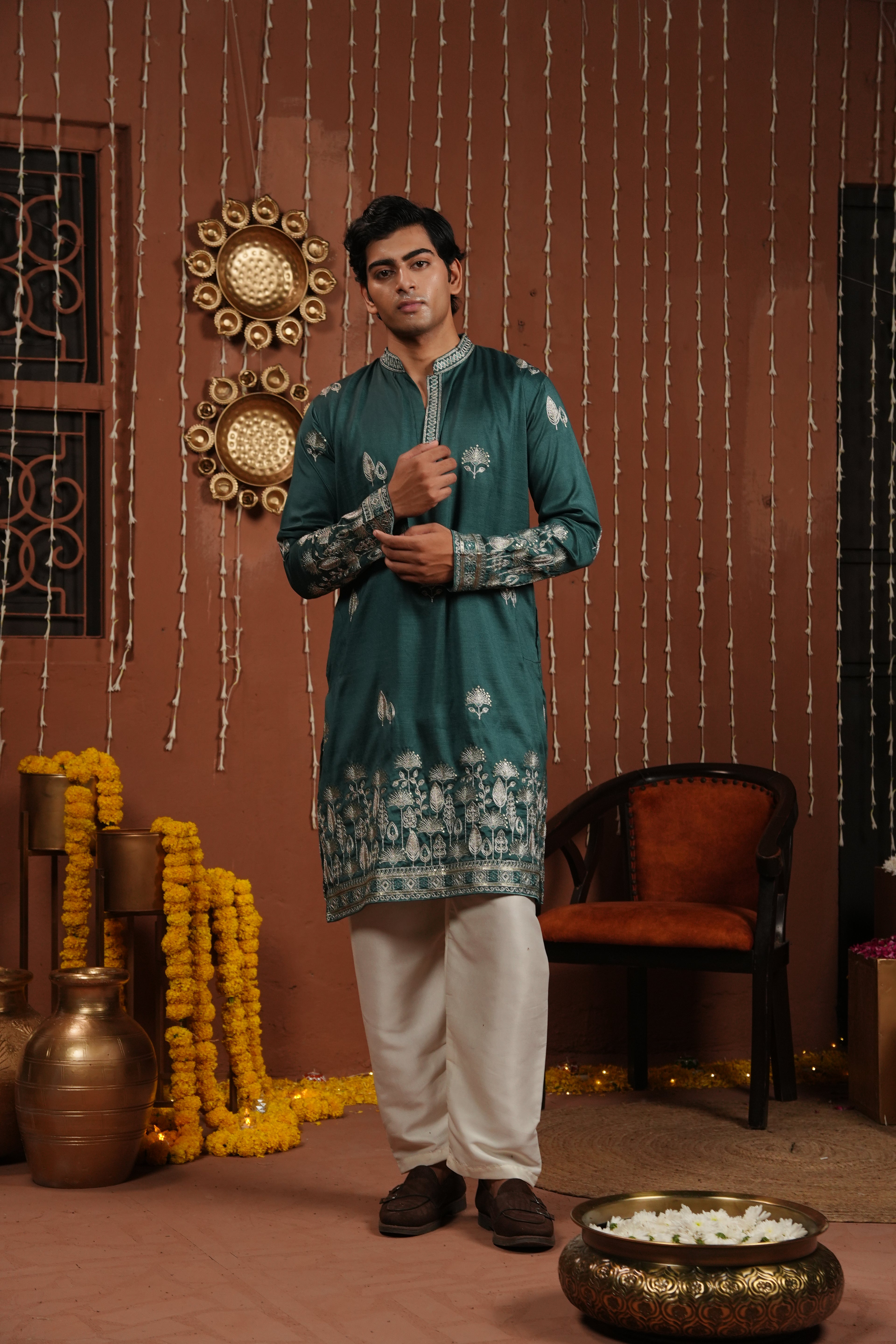 Emerald Dawn — Zari Embroidered Silk Kurta