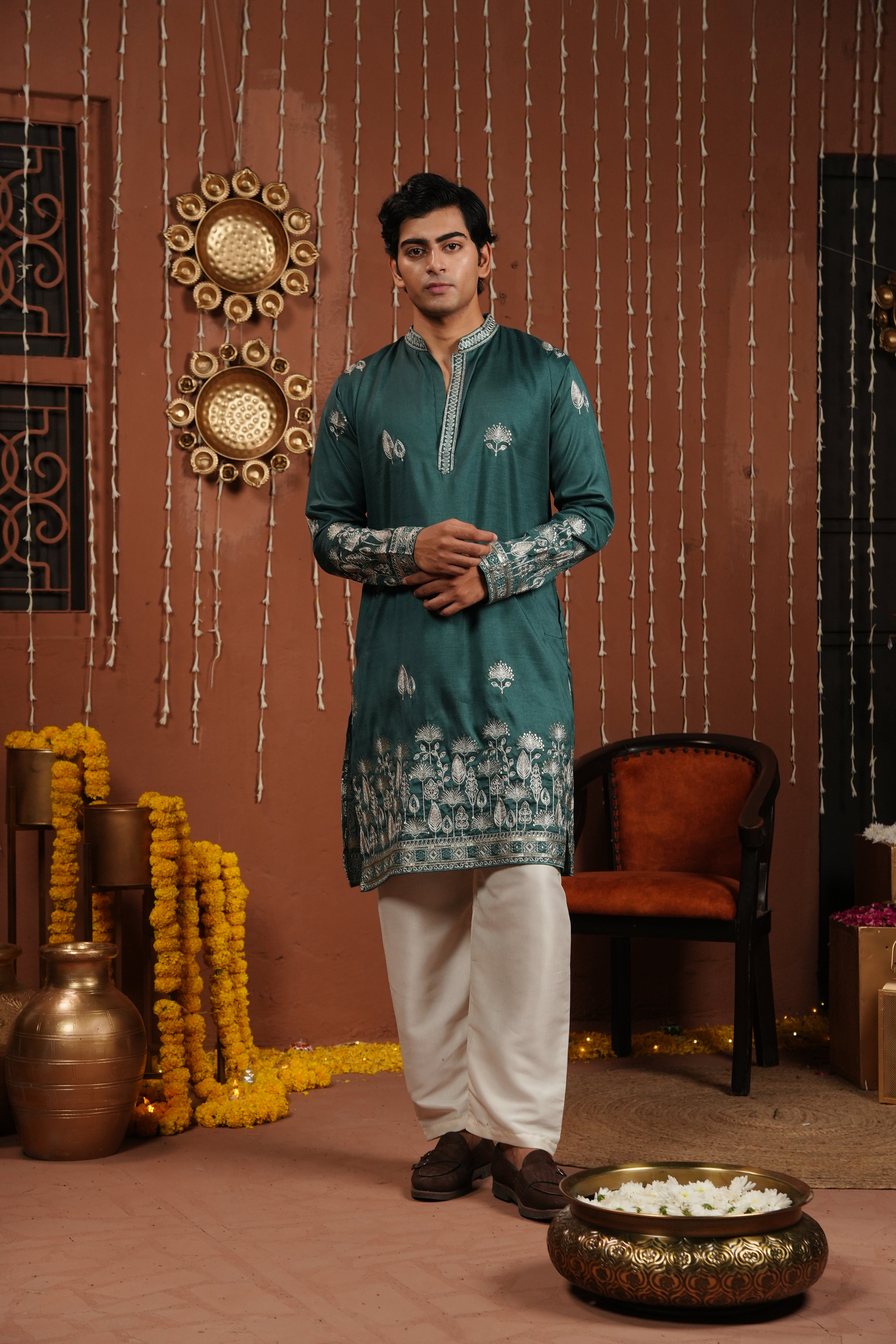Emerald Dawn — Zari Embroidered Silk Kurta