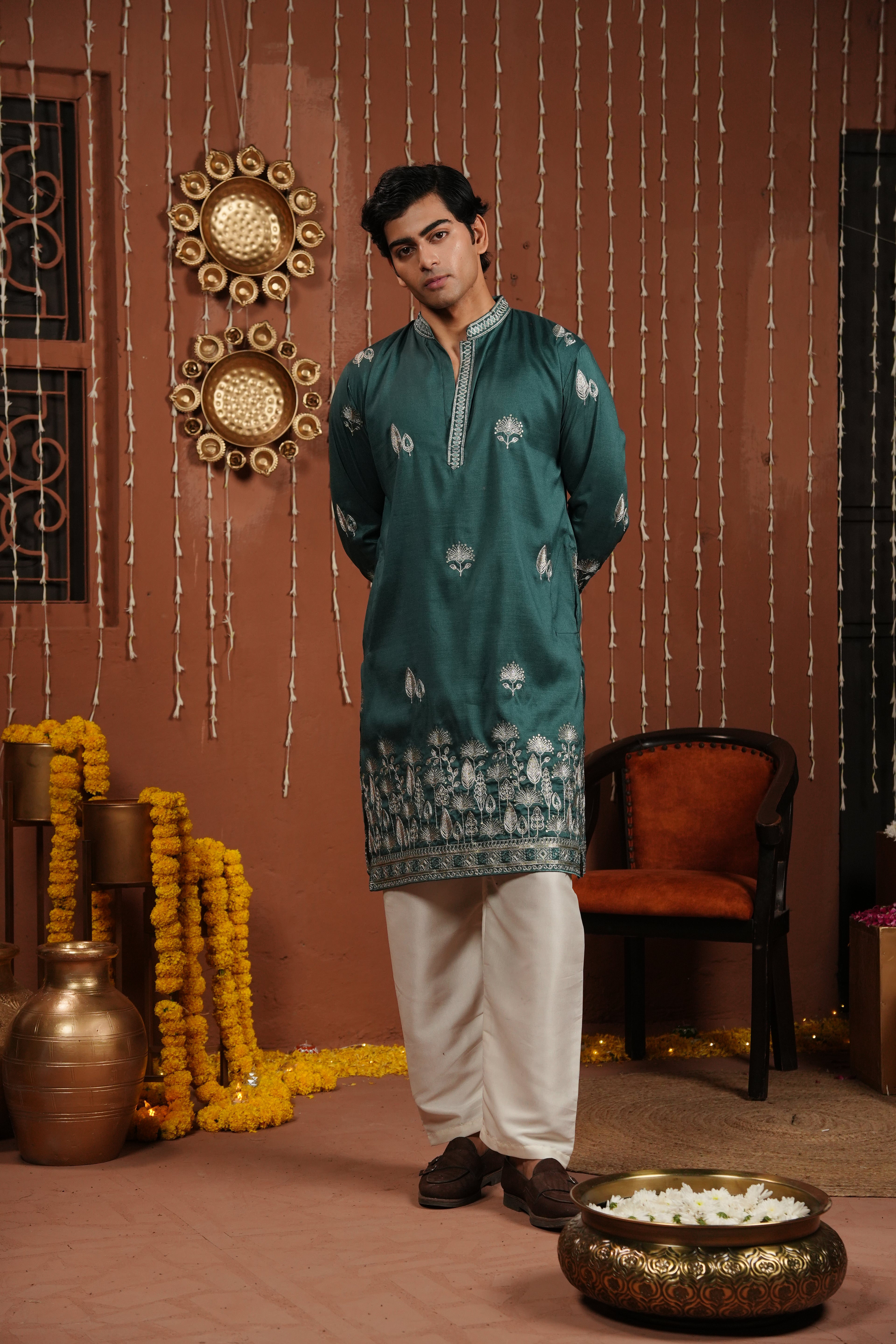 Emerald Dawn — Zari Embroidered Silk Kurta