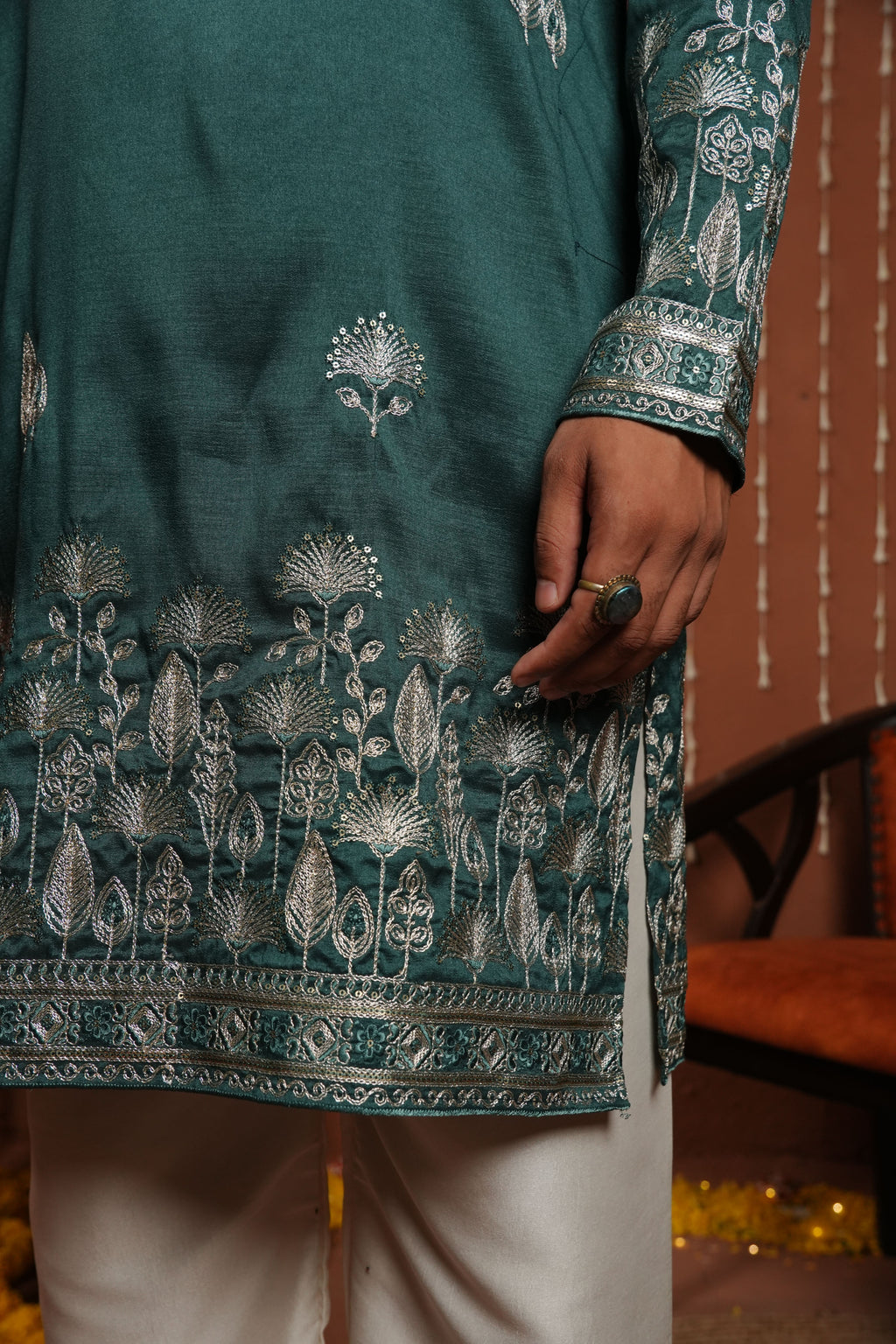 Emerald Dawn — Zari Embroidered Silk Kurta
