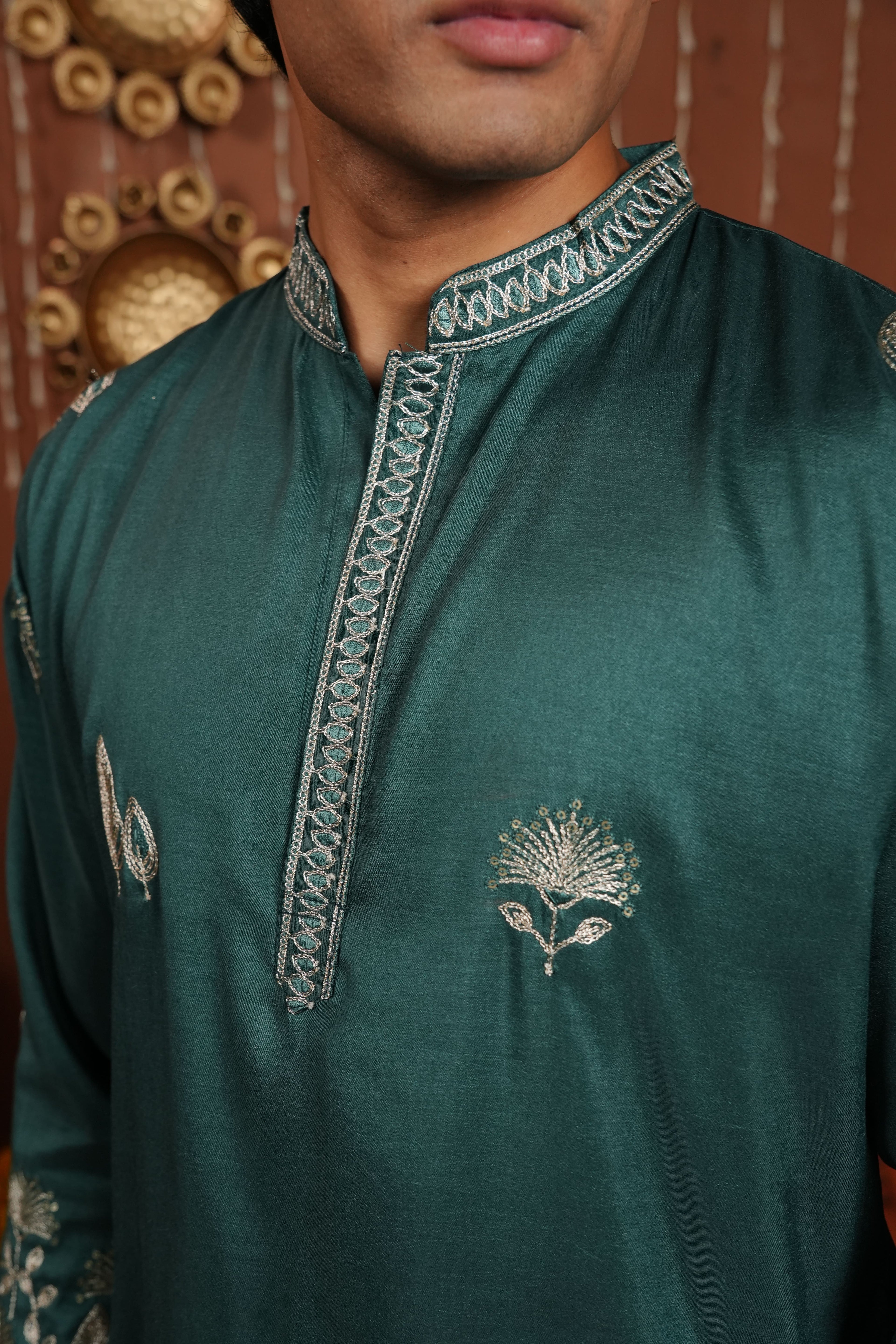 Emerald Dawn — Zari Embroidered Silk Kurta