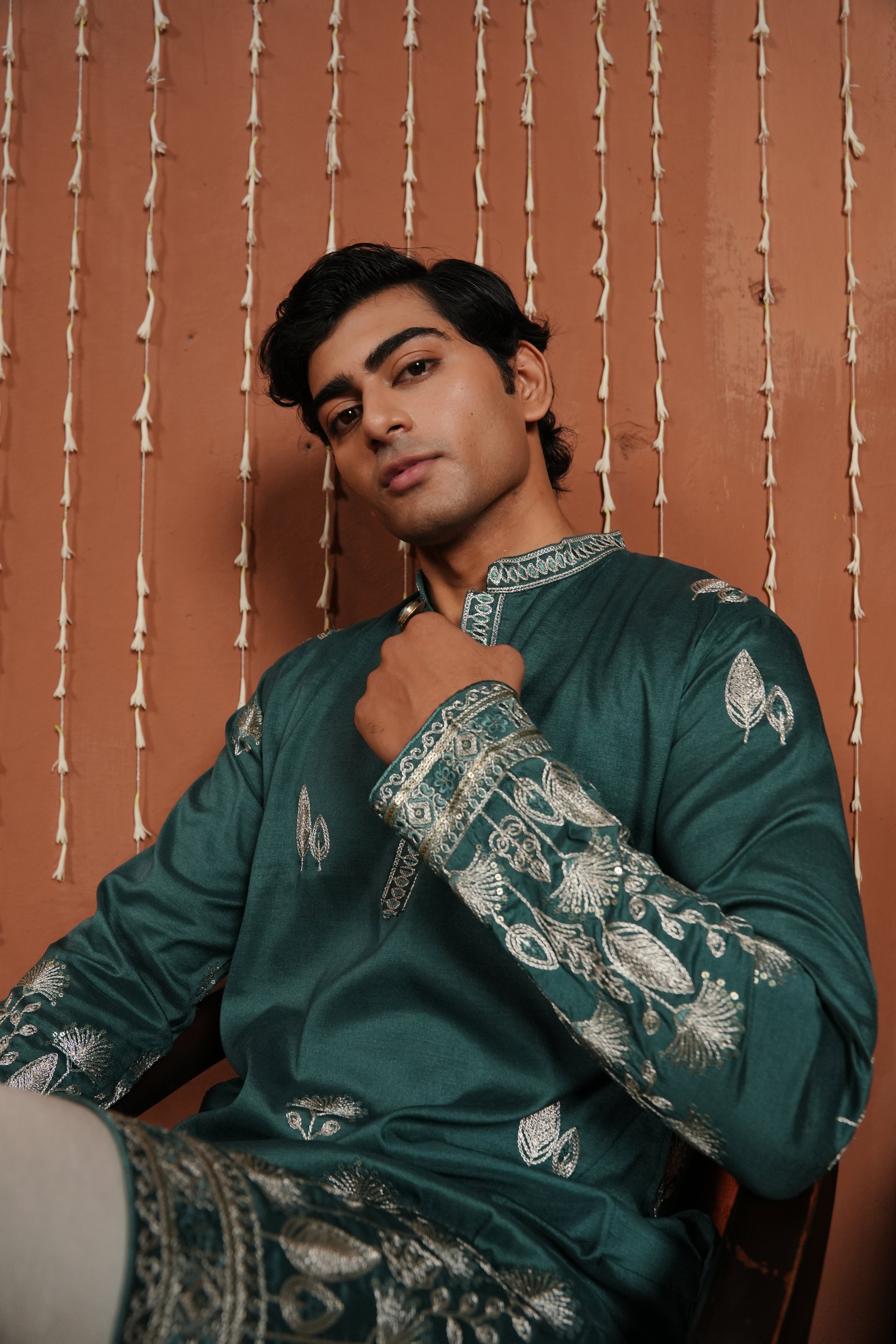 Emerald Dawn — Zari Embroidered Silk Kurta