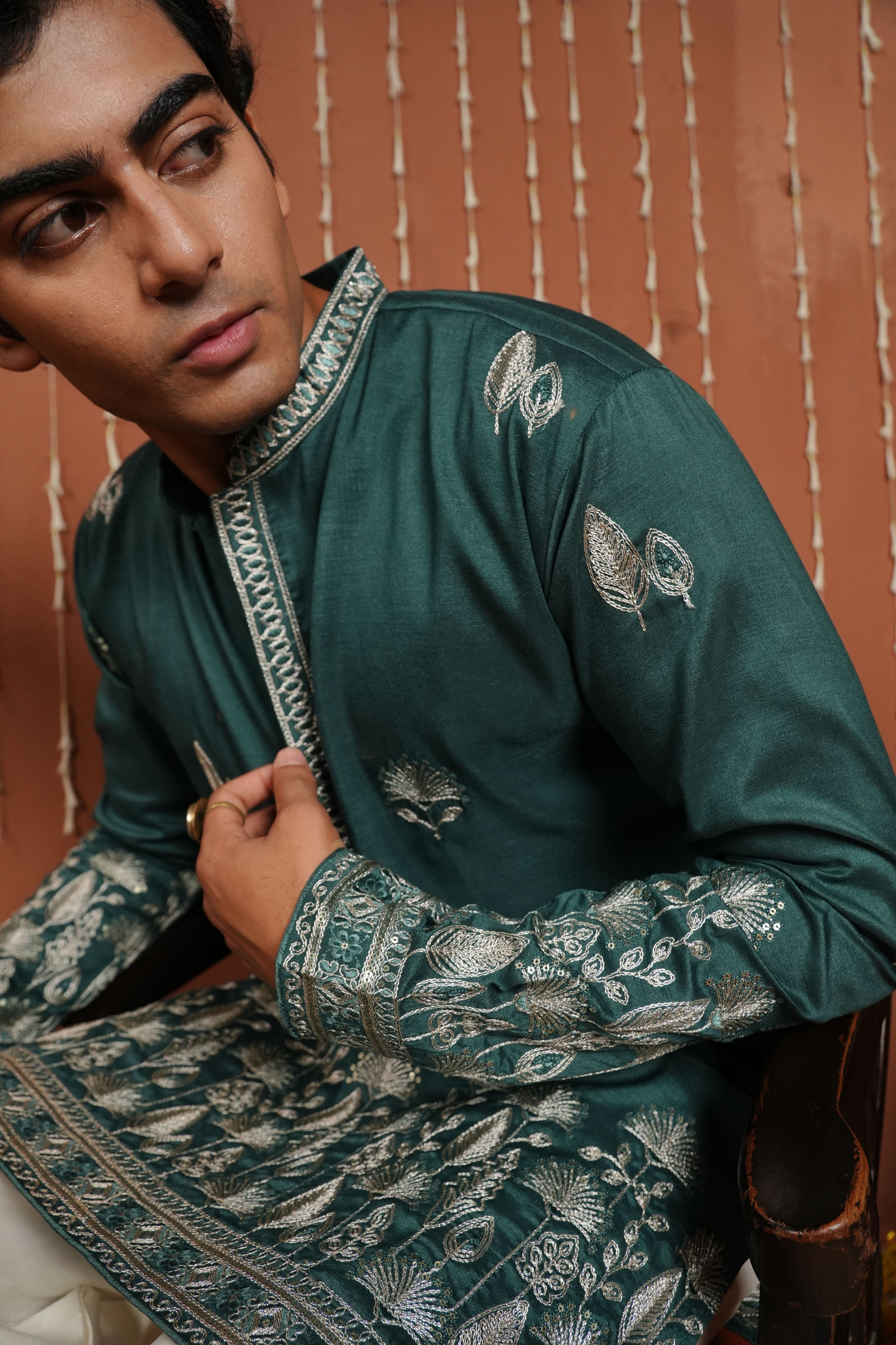 Emerald Dawn — Zari Embroidered Silk Kurta