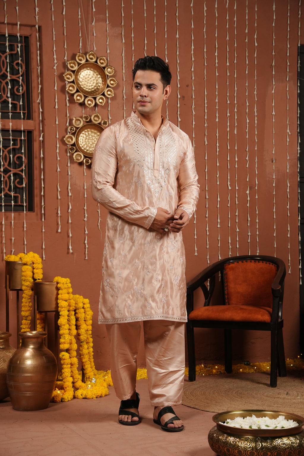 Champagne Blush — Mirror Embroidered Silk Kurta