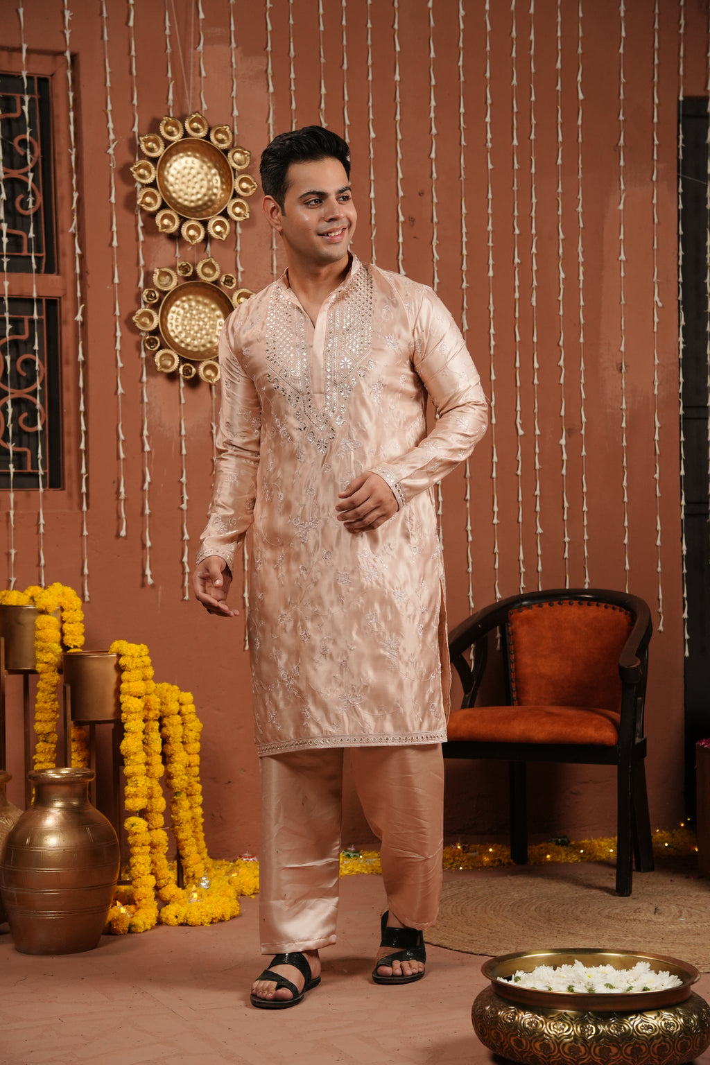 Champagne Blush — Mirror Embroidered Silk Kurta