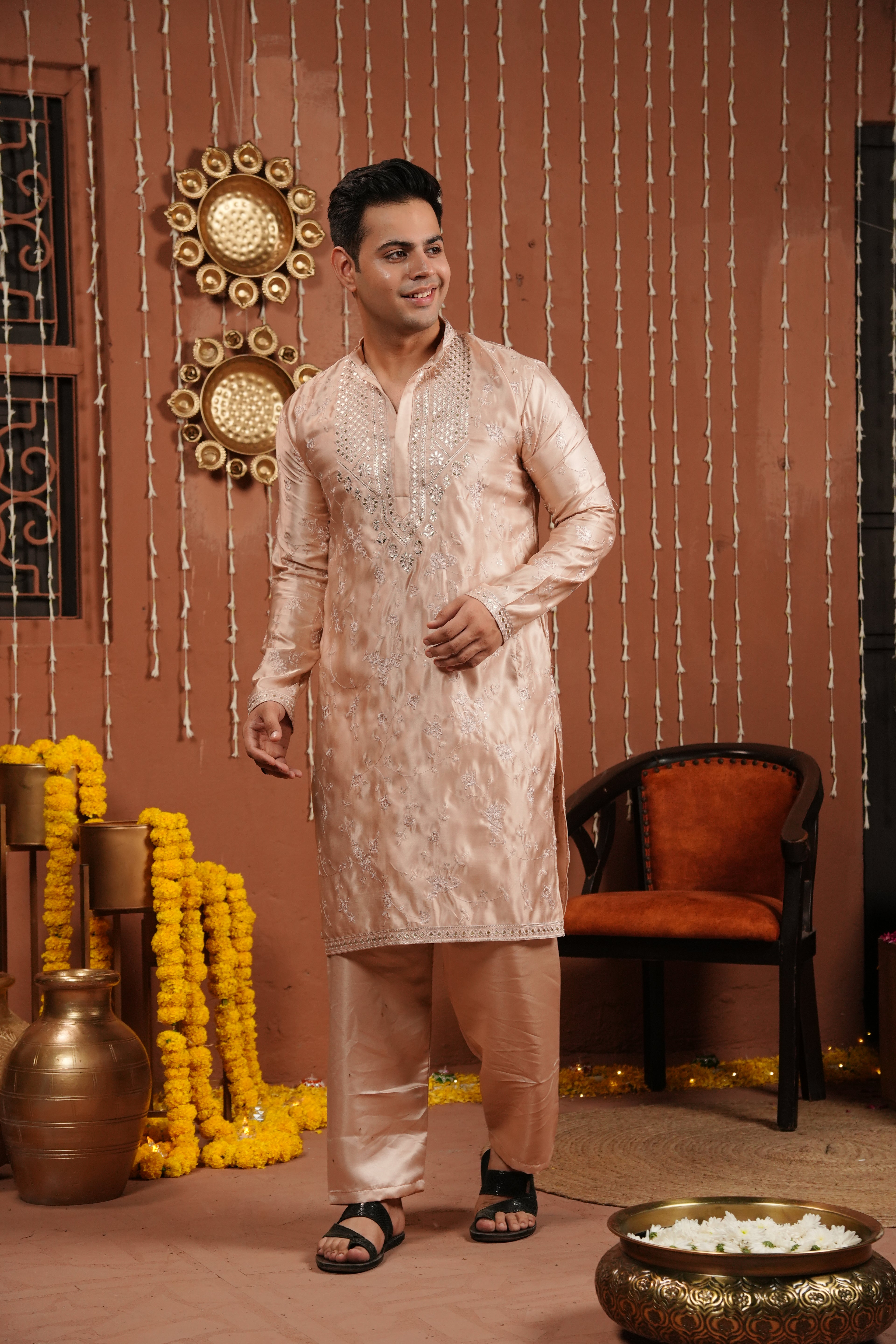 Champagne Blush — Mirror Embroidered Silk Kurta