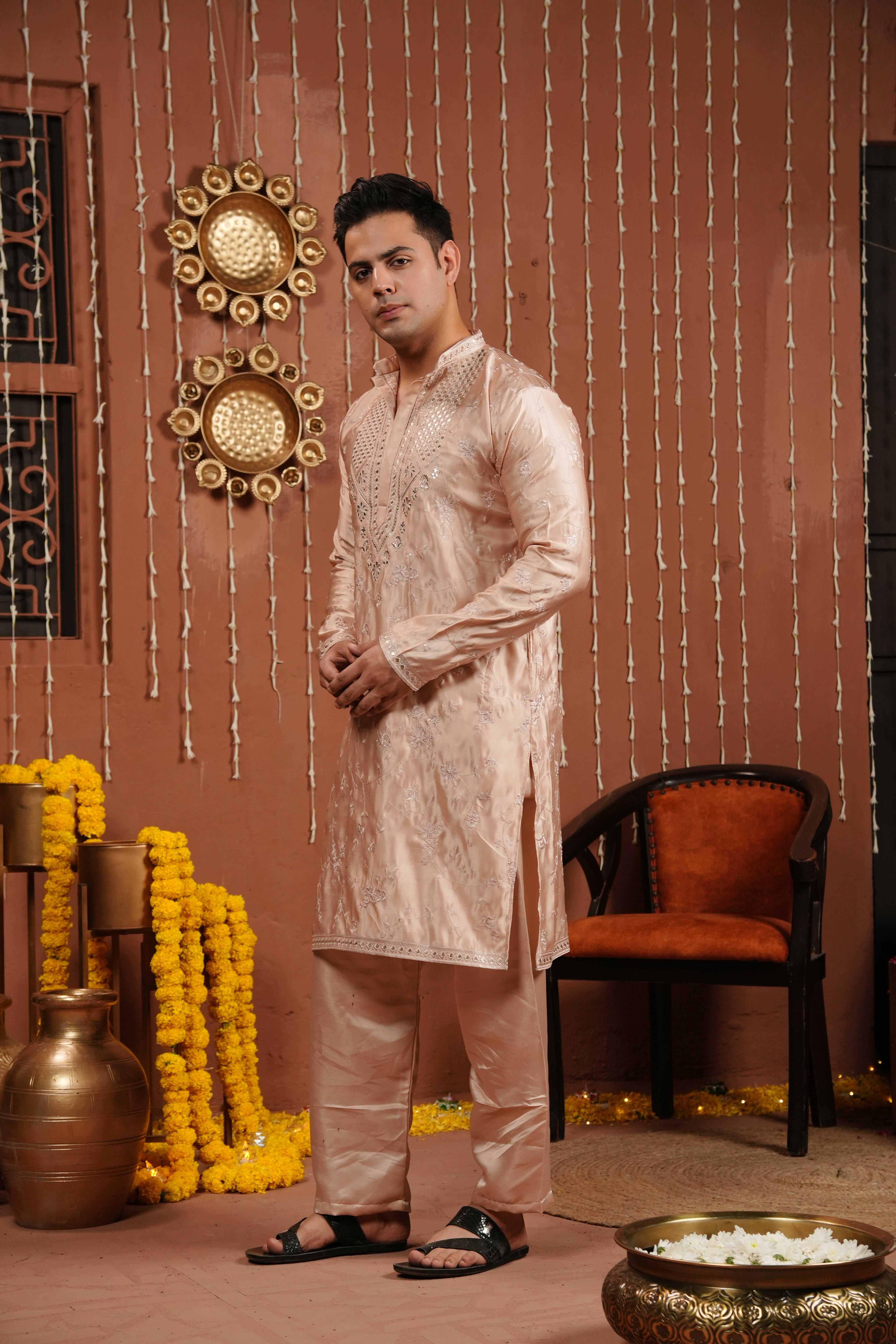Champagne Blush — Mirror Embroidered Silk Kurta
