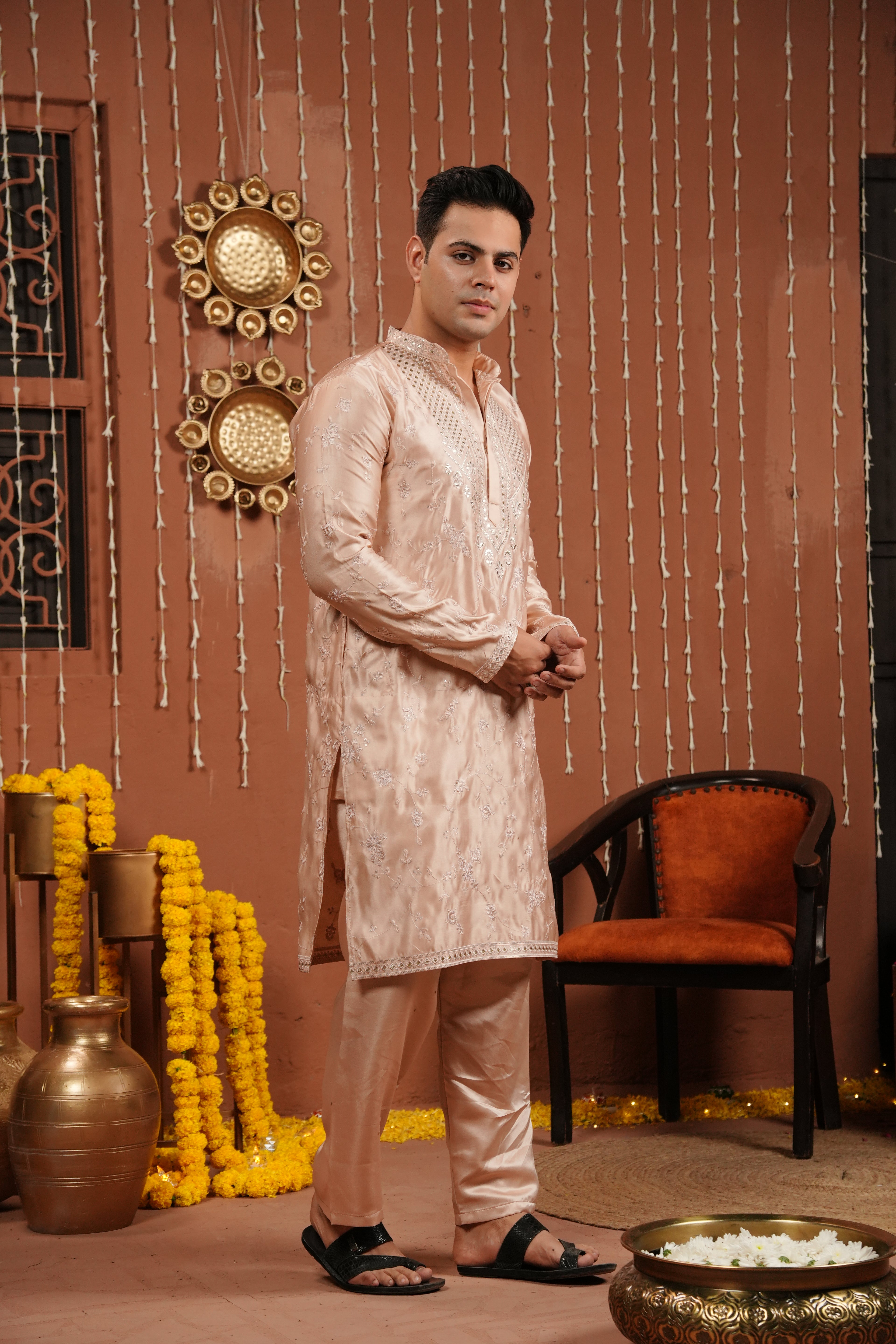 Champagne Blush — Mirror Embroidered Silk Kurta