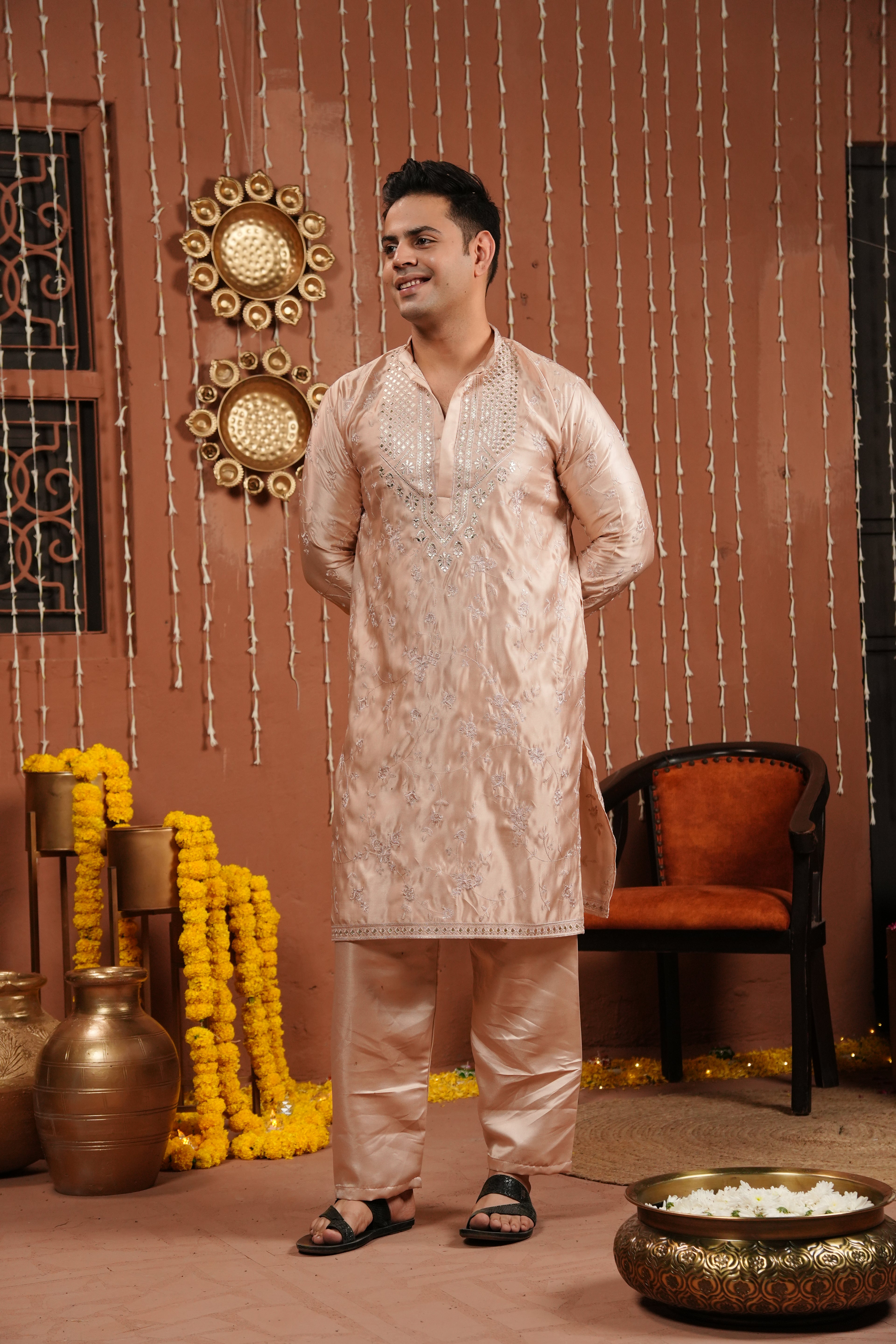 Champagne Blush — Mirror Embroidered Silk Kurta