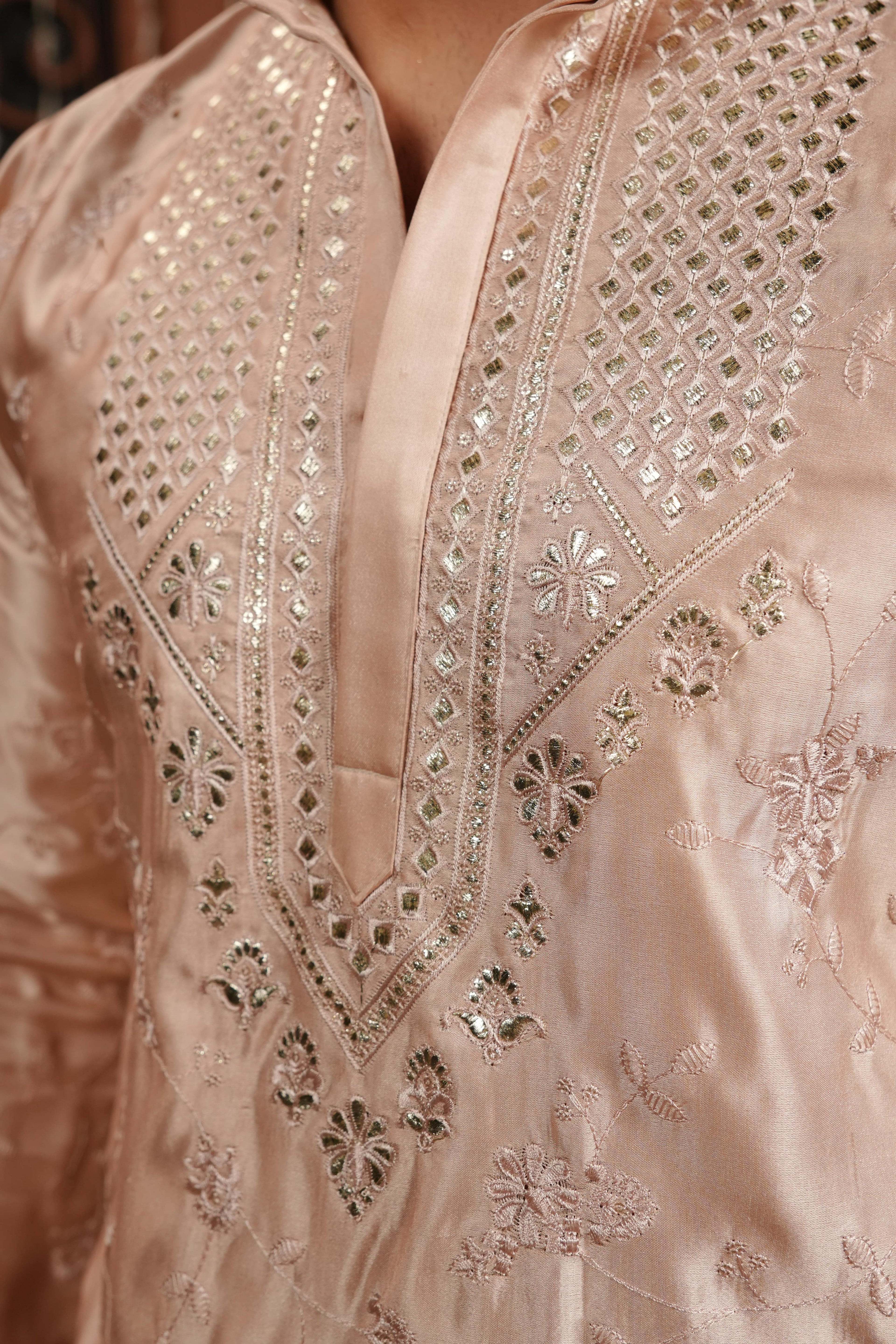 Champagne Blush — Mirror Embroidered Silk Kurta