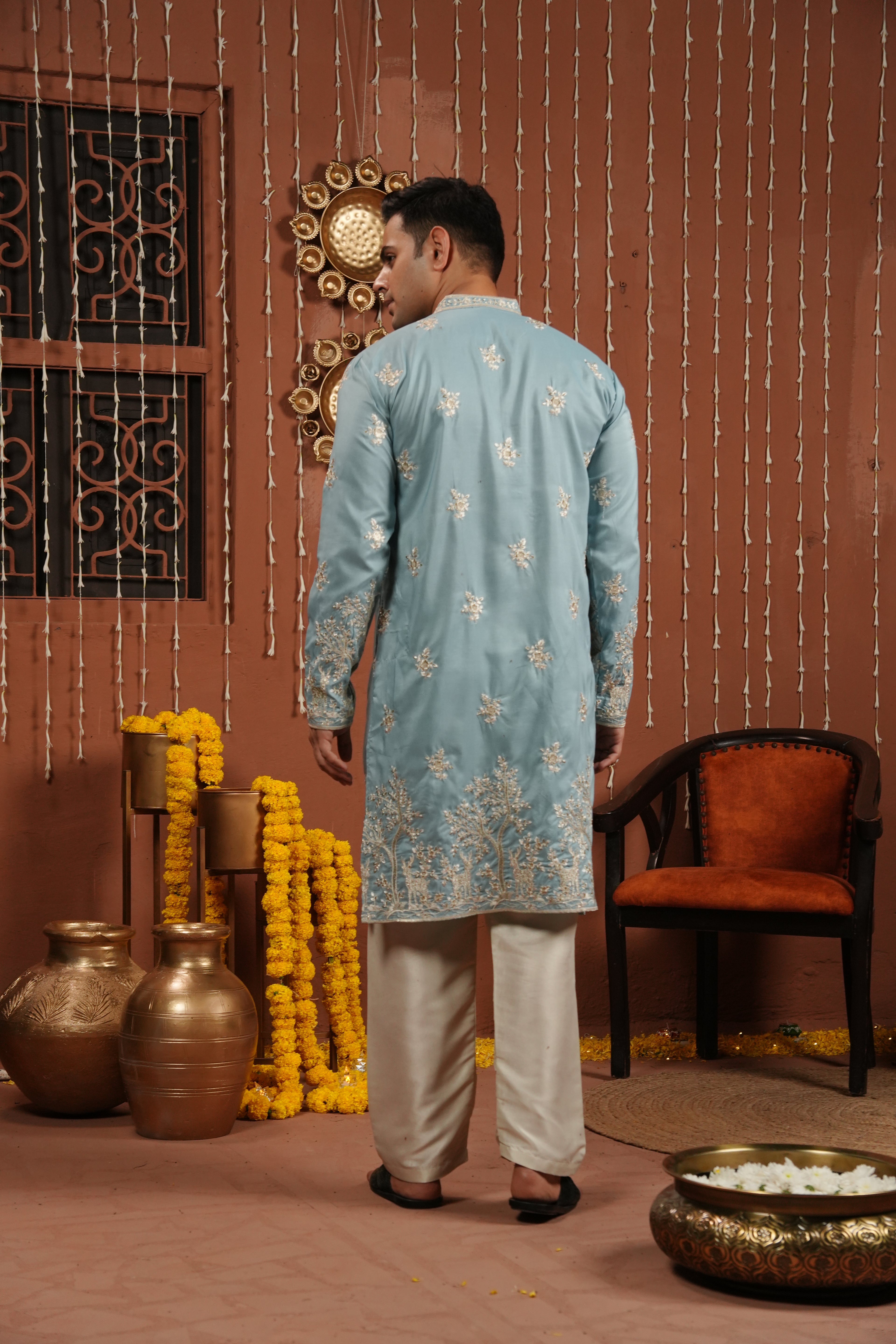 Azure Whisper — Embroidered Silk Kurta